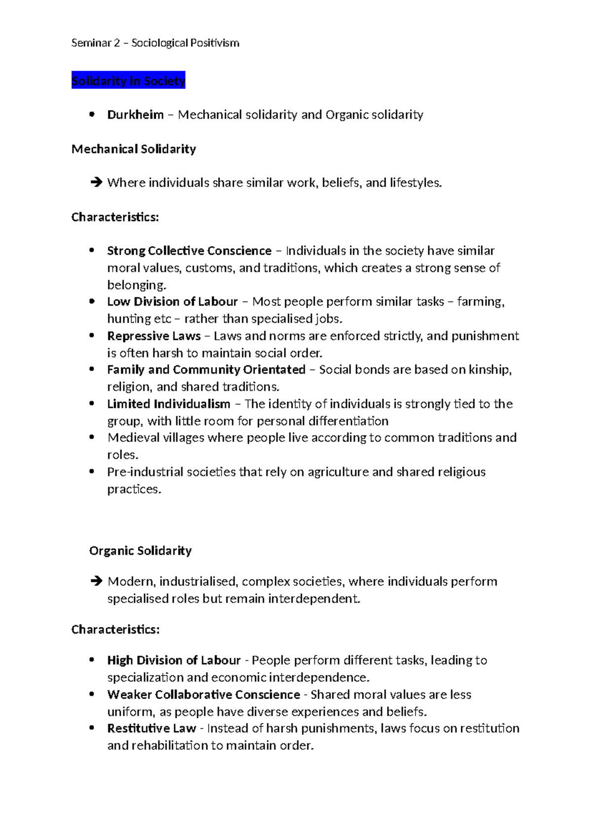 Seminar 2 - Sociological Positivism: Durkheim's Solidarity Concepts ...