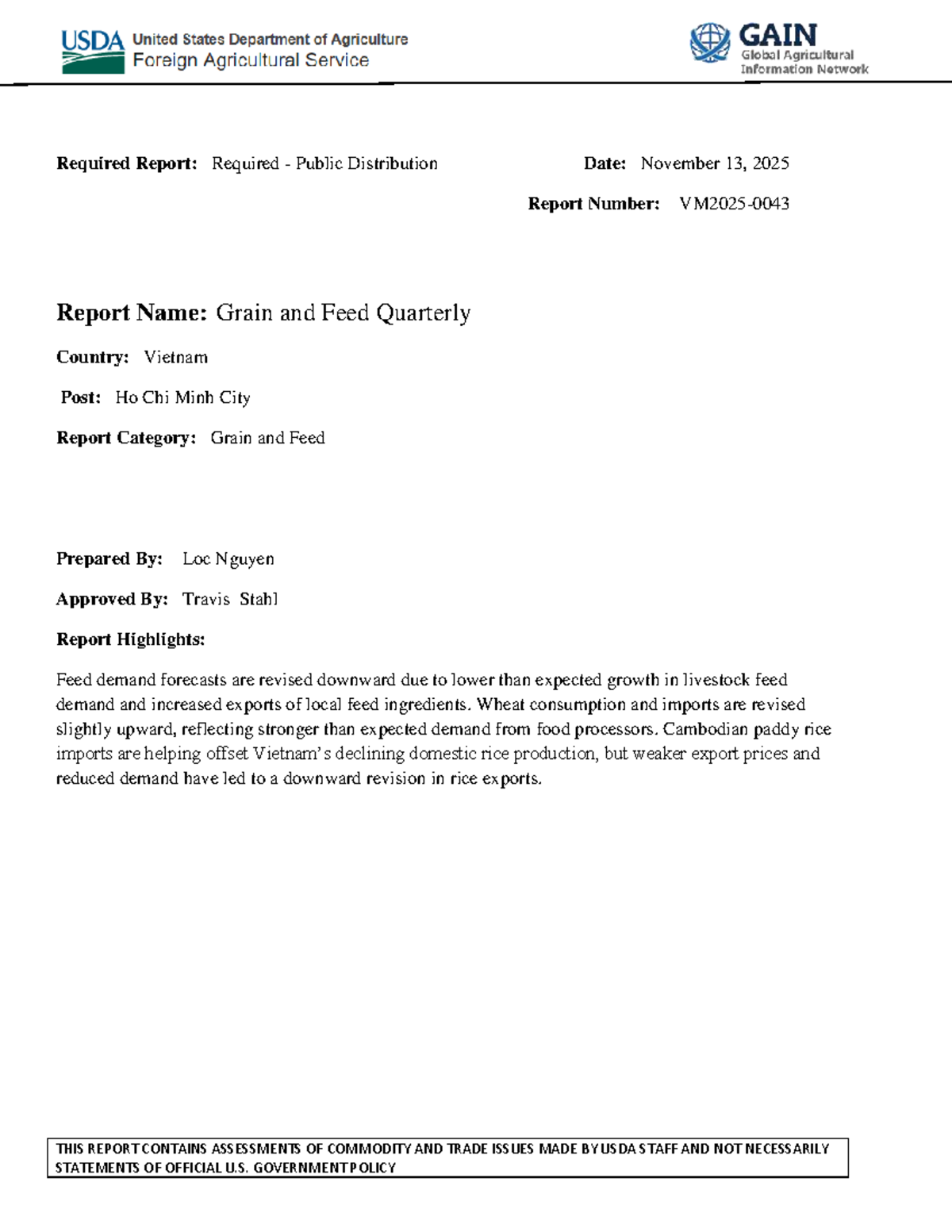Grain and Feed Quarterly Report: Vietnam VM2025-0043 - Studocu