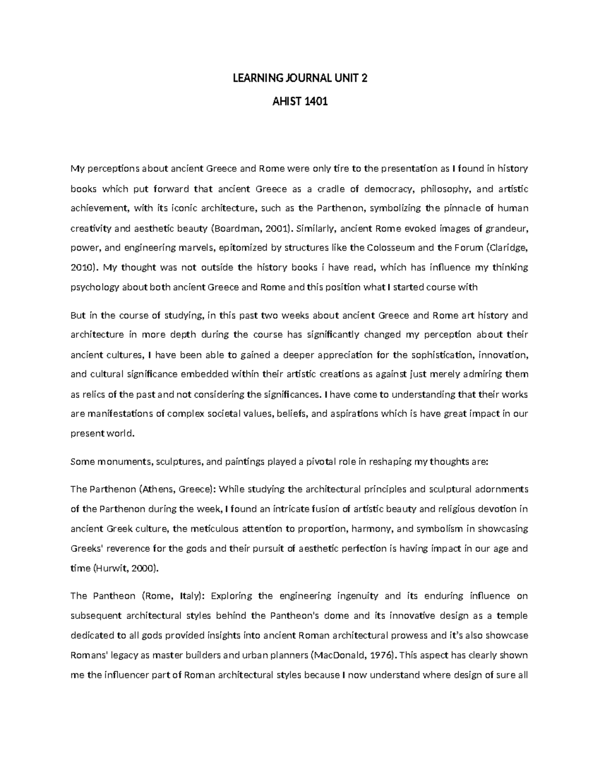 AHIST 1401 LJ Unit 2 - Learning Journal - LEARNING JOURNAL UNIT 2 AHIST ...