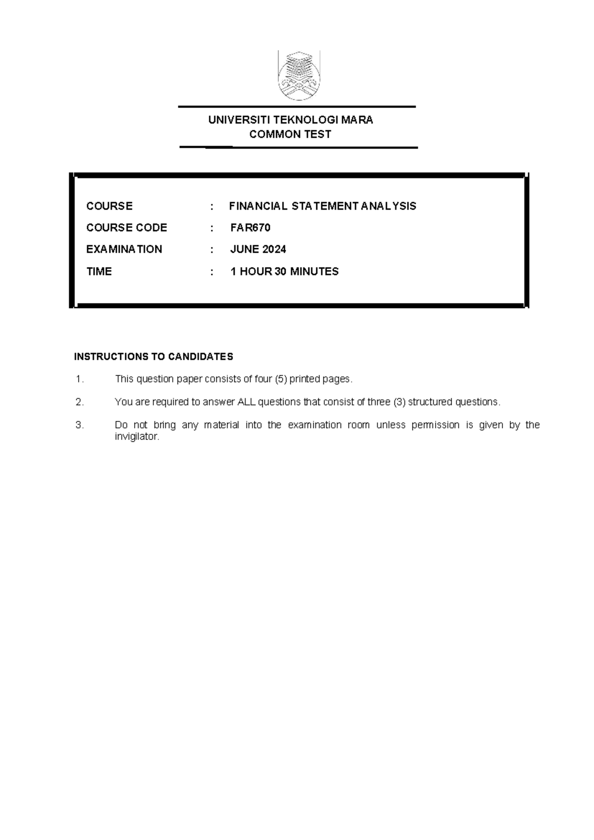 Final Exam FAR670: Financial Statement Analysis June 2024 Solutions ...