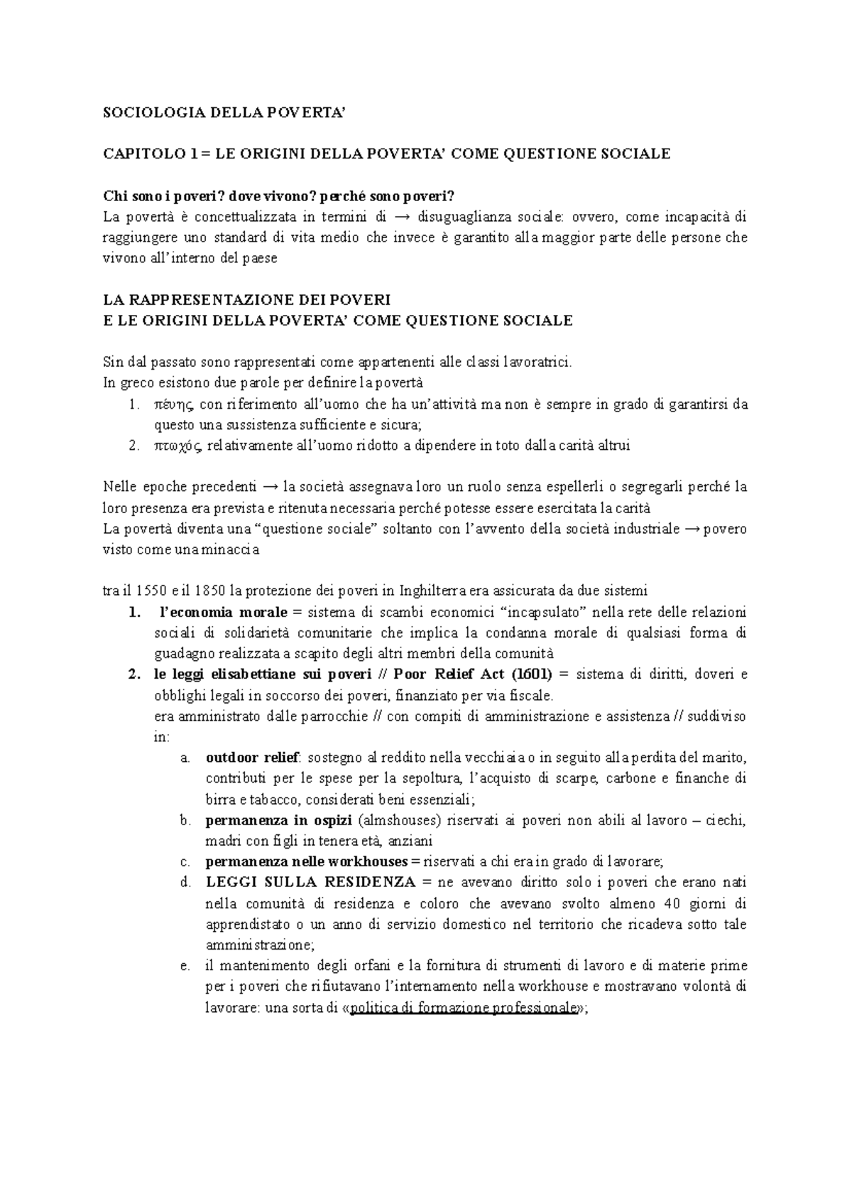 SOCIOLOGIA DELLA POVERTÀ: CAPITOLO 1 - ORIGINI E QUESTIONI SOCIALI ...