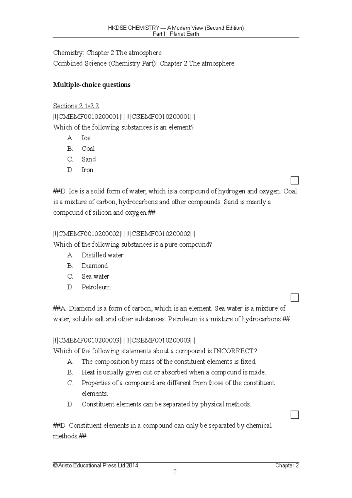 HKDSE CHEMISTRY Chapter 2: The Atmosphere MCQs and Answers - Studocu