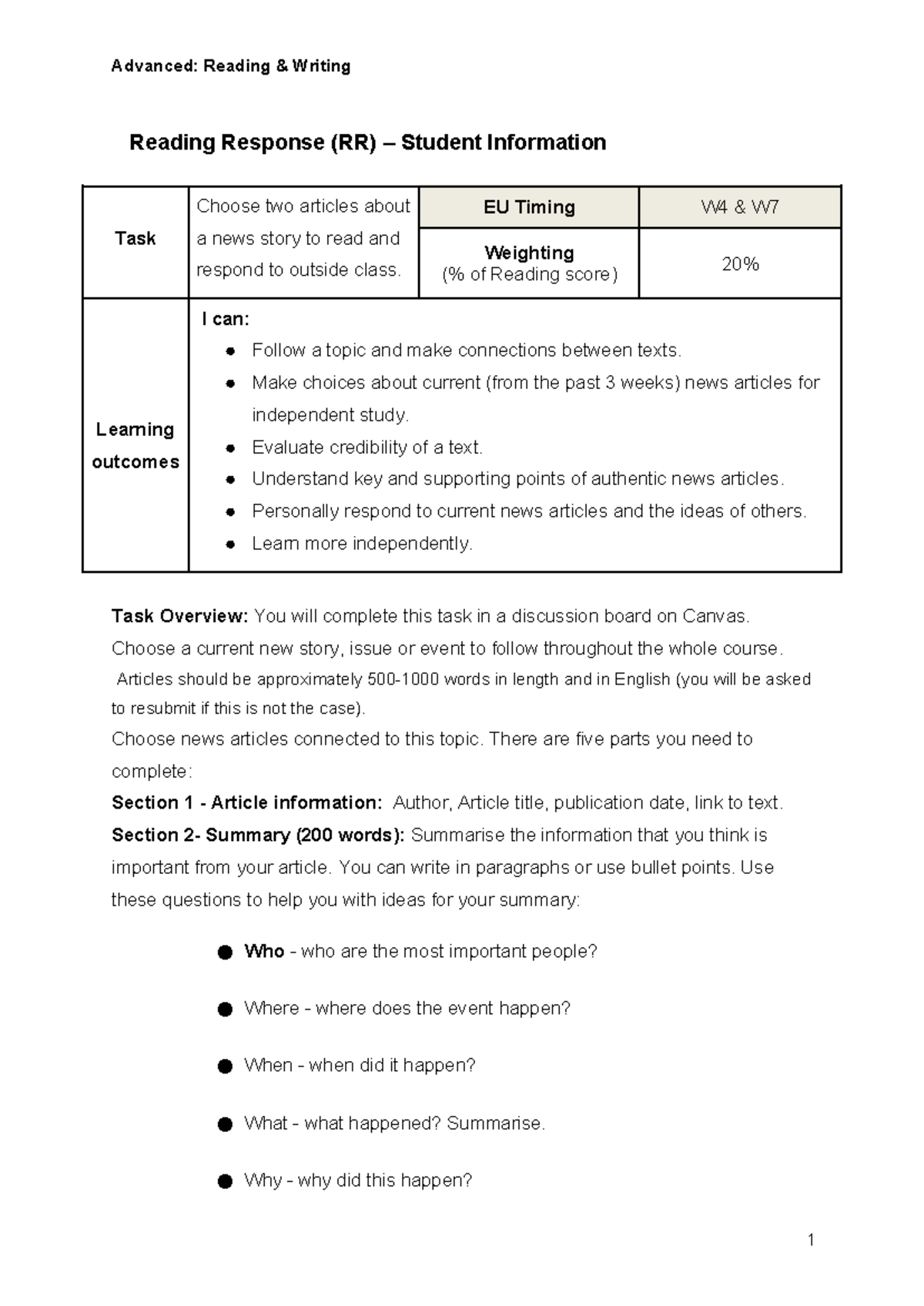 Reading Response (RR) – Advanced Reading & Writing Instructions - Studocu