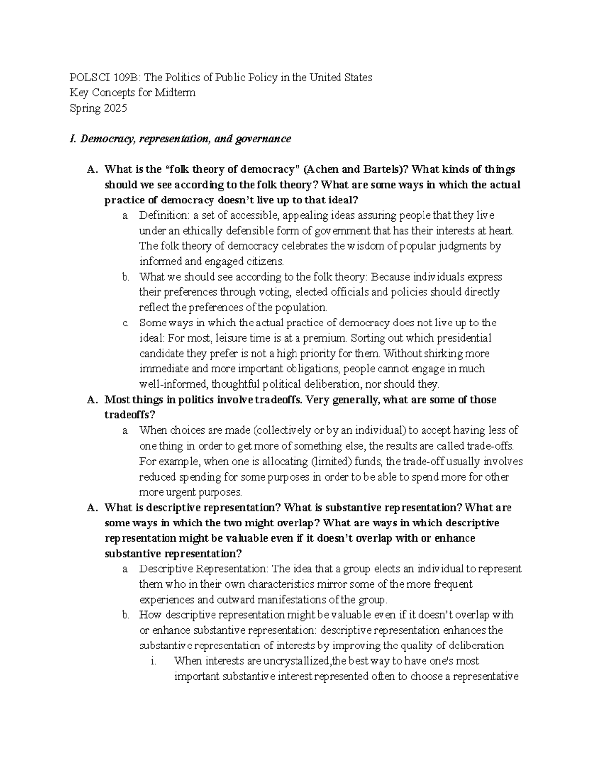 POLSCI 109B: Midterm Study Guide on U.S. Public Policy Concepts - Studocu