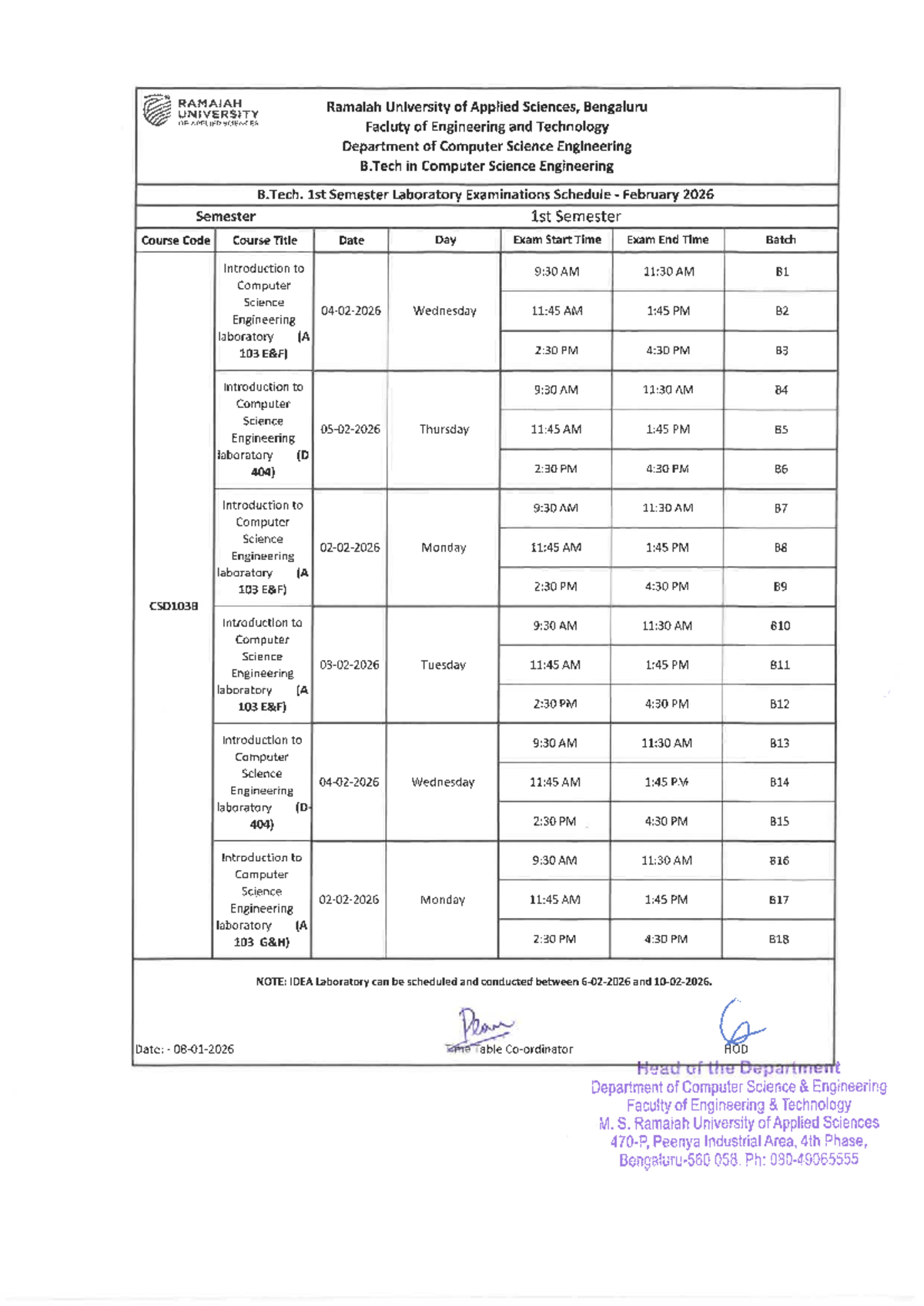 B.Tech 1st Sem Lab Exam Timetable - February 2026 - Studocu