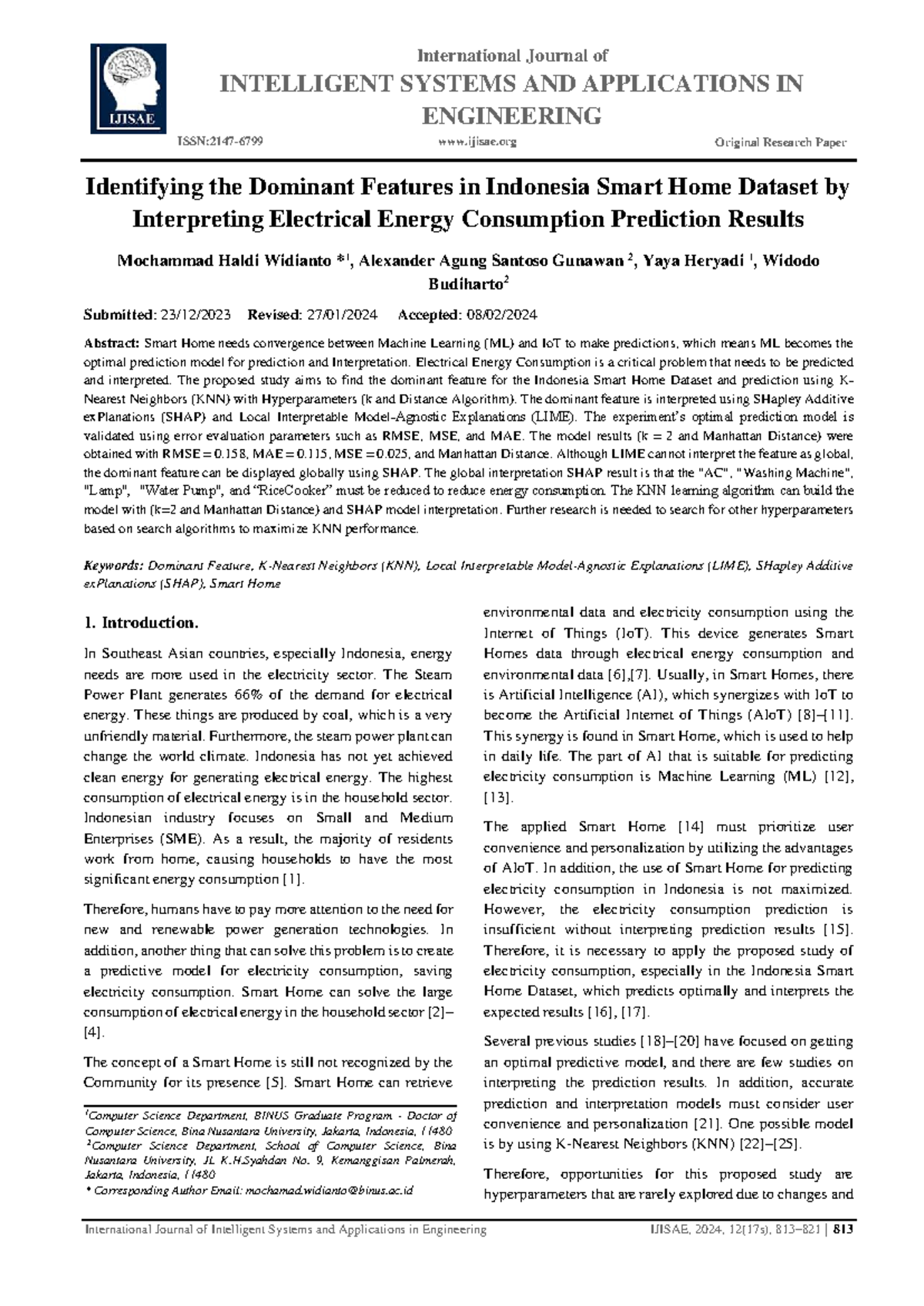 Identifying Dominant Features in Indonesia Smart Home Dataset (IJISAE ...