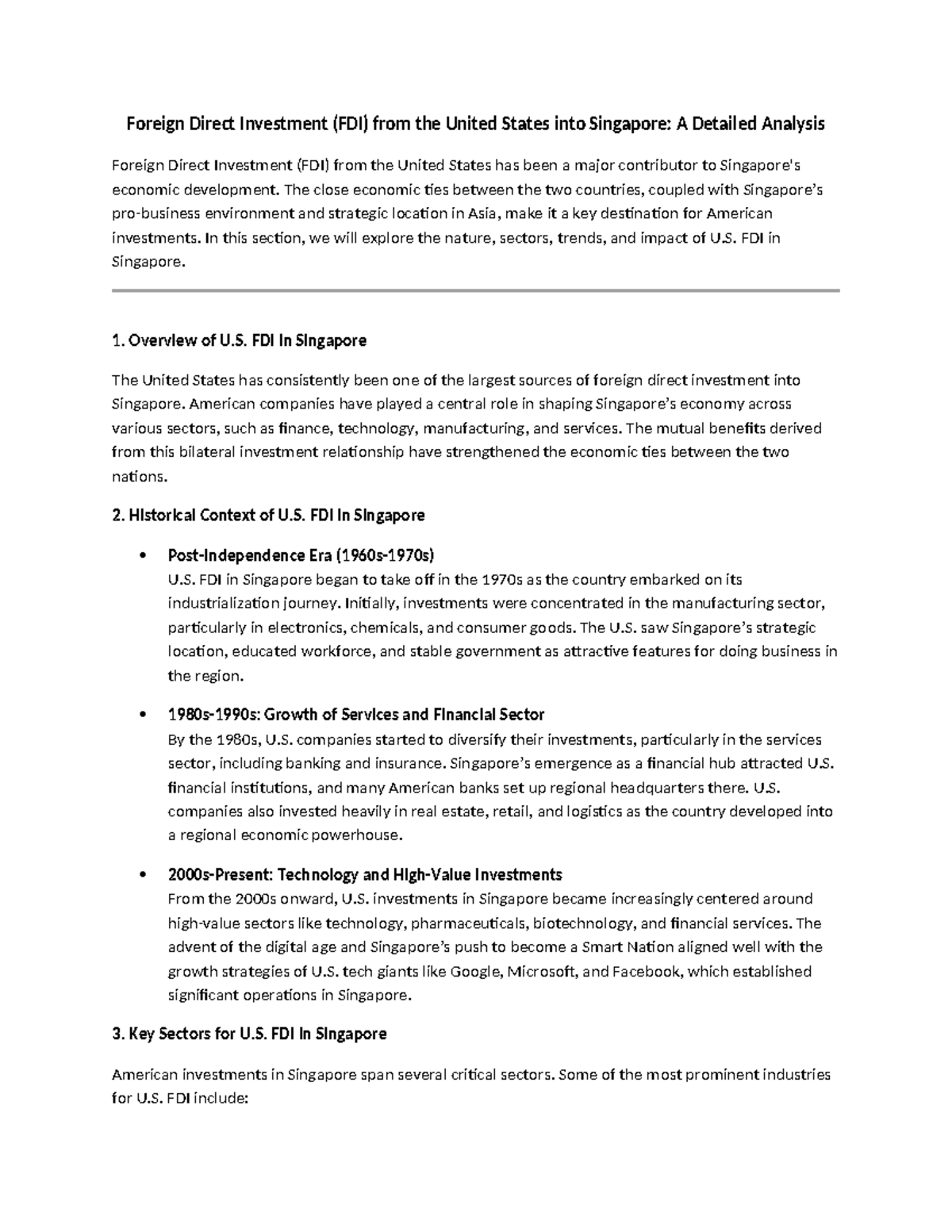 FDI Analysis: U.S. Investments in Singapore's Economy - Studocu