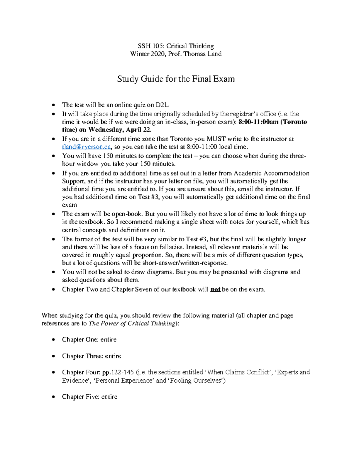 SSH 105 Winter 2020 Final Exam Study Guide: Critical Thinking - Studocu