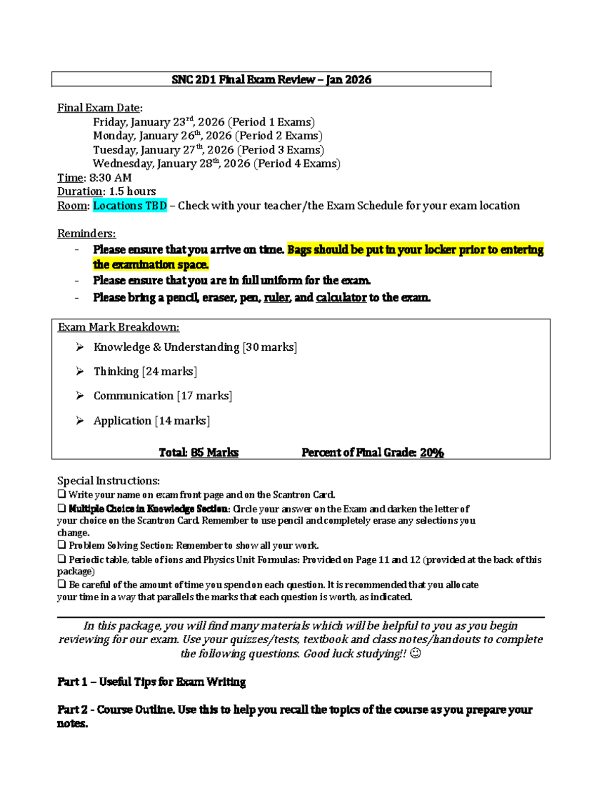 SNC 2D1 Final Exam Review Guide - January 2026 - Studocu