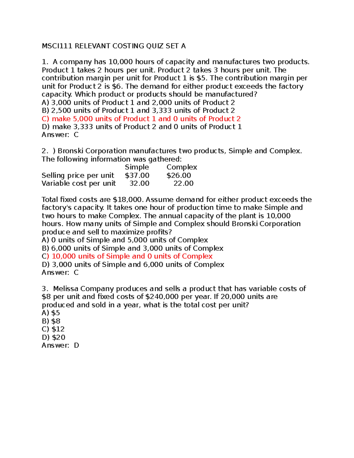 MSC Relevant Costing Quiz Set A: Key Concepts and Solutions - Studocu