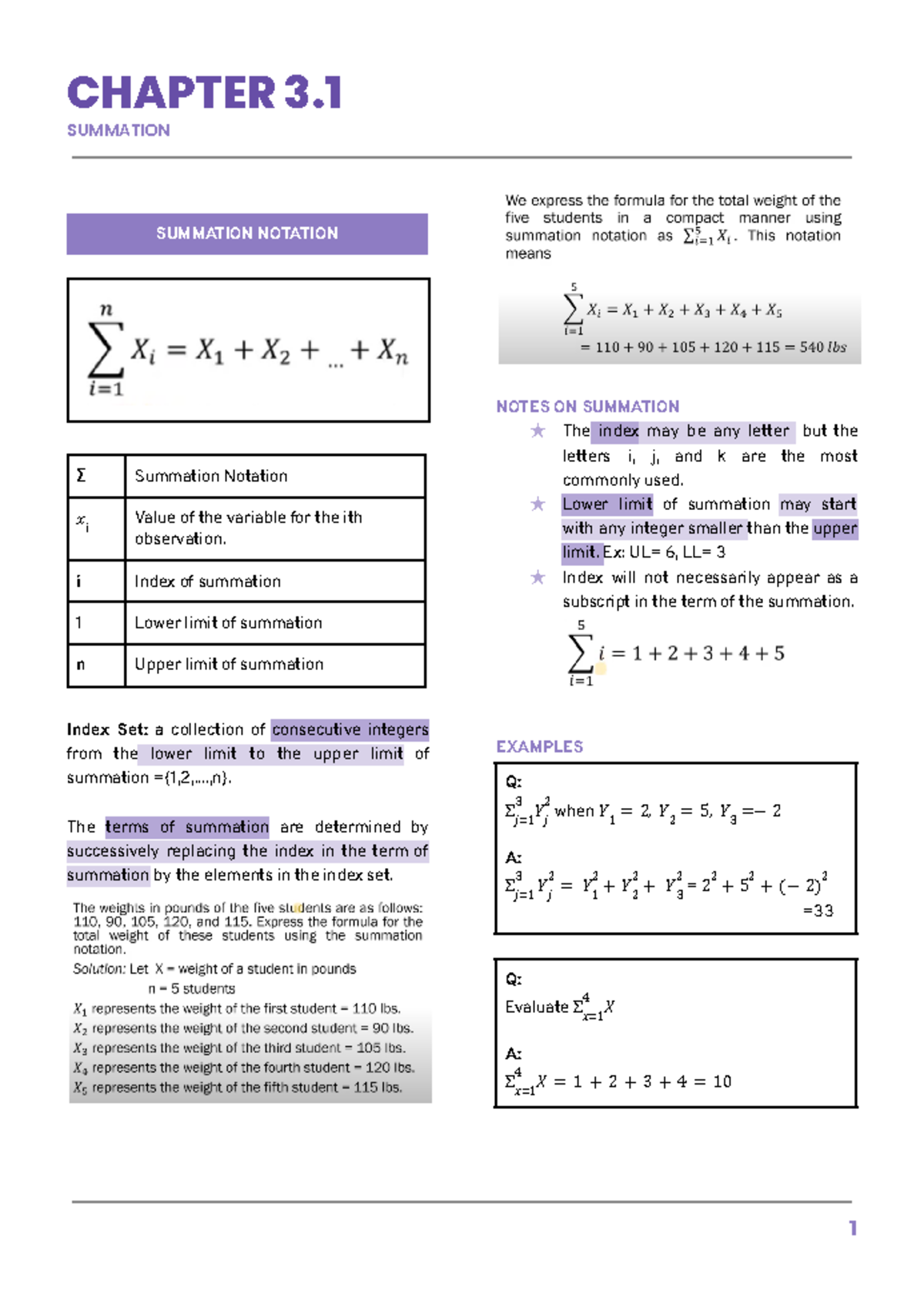 STAT 101 Chapter 3: Understanding Summation Notation and Properties ...