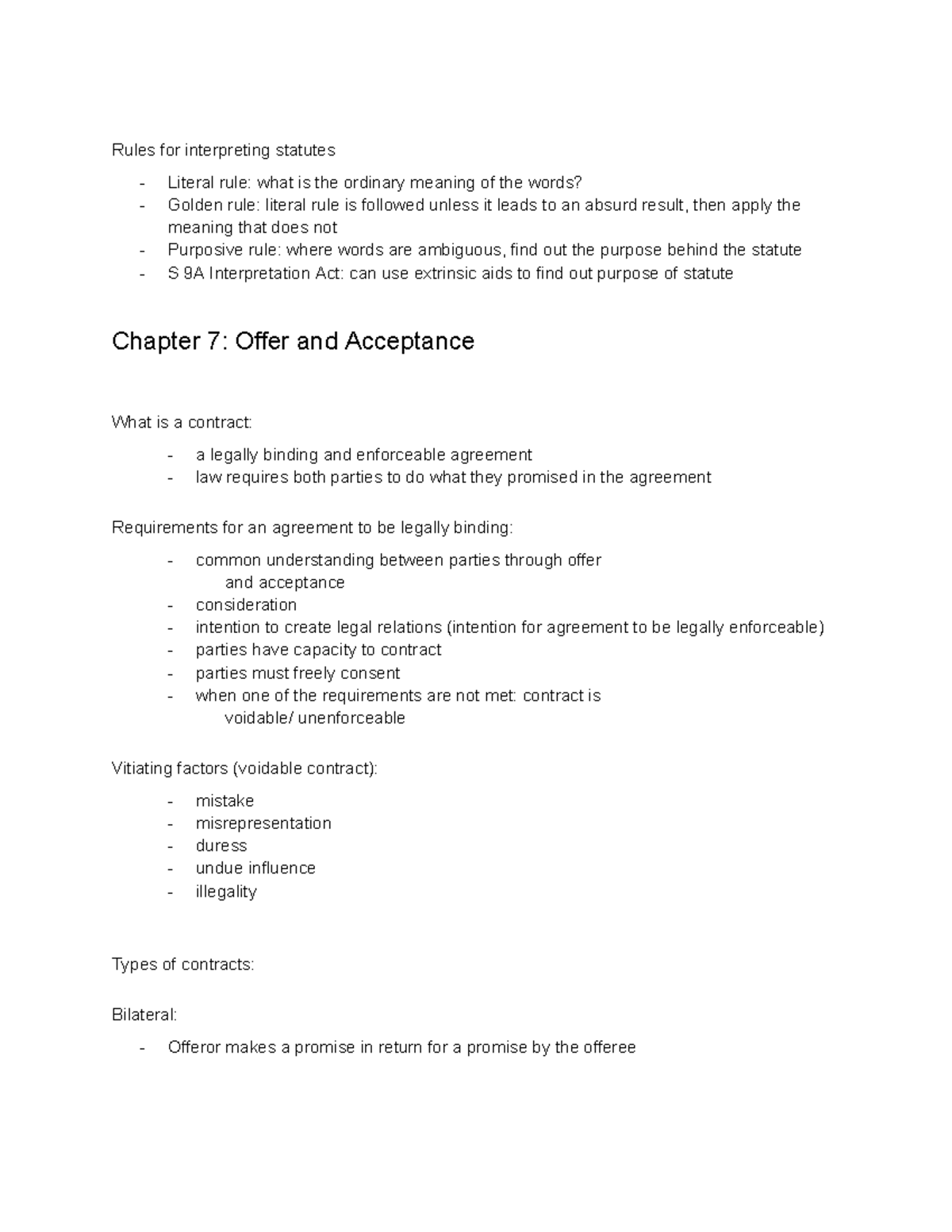 LGST101: Contract Law Notes on Offer and Acceptance Principles - Studocu