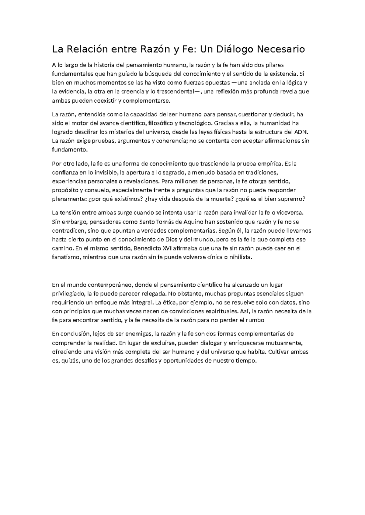 La Relación Complementaria entre Razón y Fe: Un Diálogo Necesario - Studocu