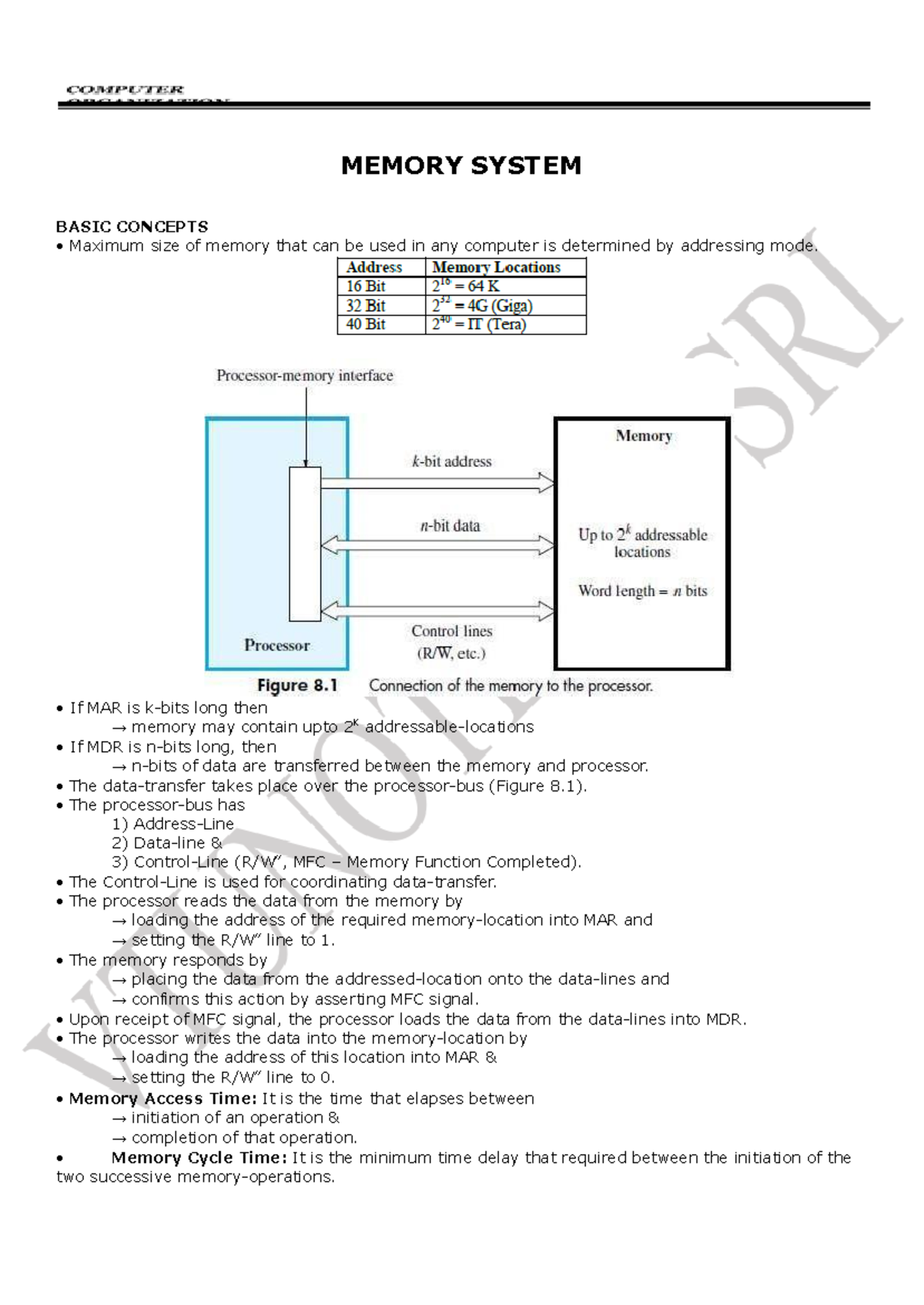 COA notes Memory SYS MOD 4 - MEMORY SYSTEM BASIC CONCEPTS Maximum size ...