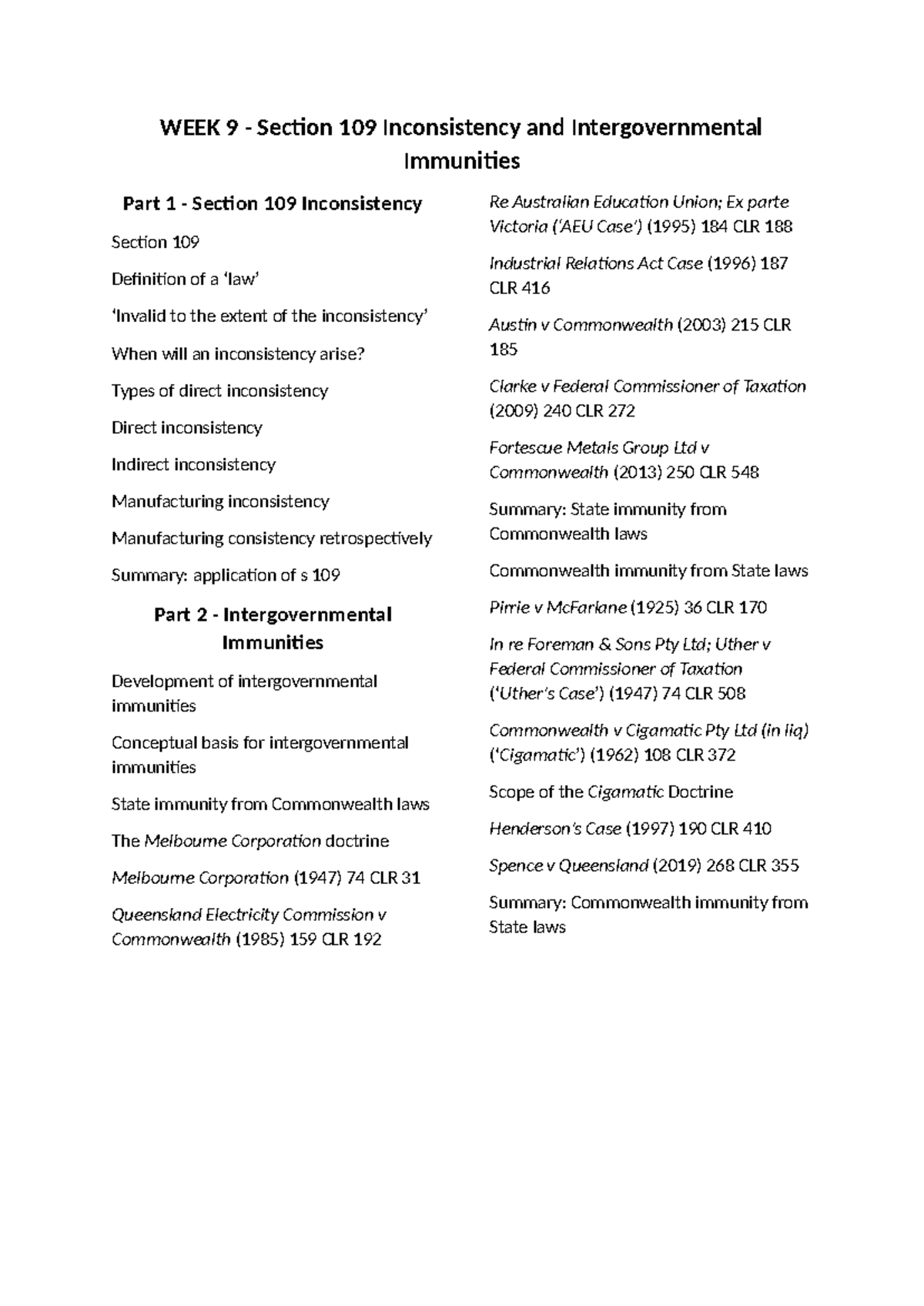 WEEK 9 Lecture Notes: Section 109 Inconsistency & Intergovernmental ...