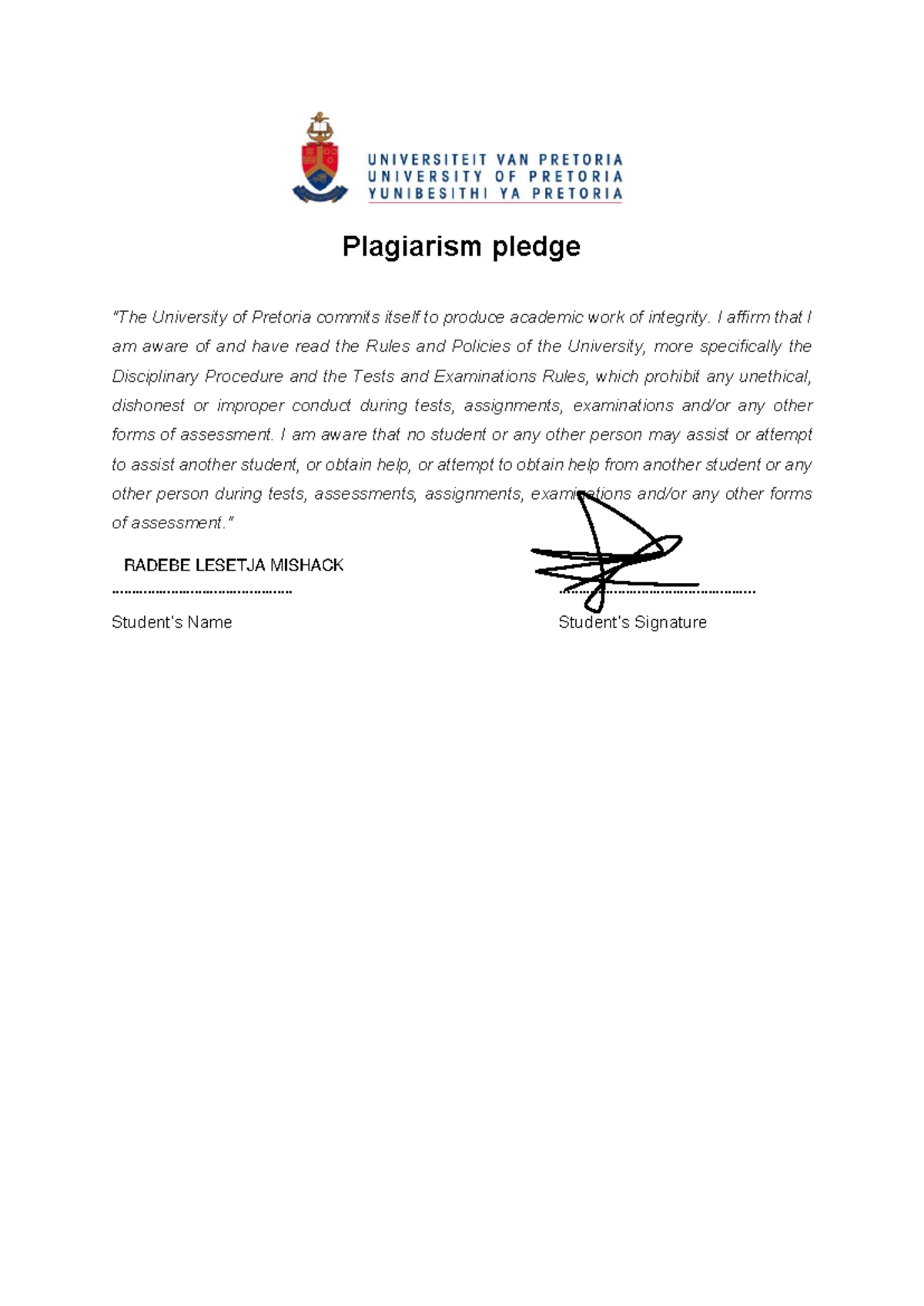 Plagiarism Pledge: Commitment to Academic Integrity - VDS WIT - Studocu