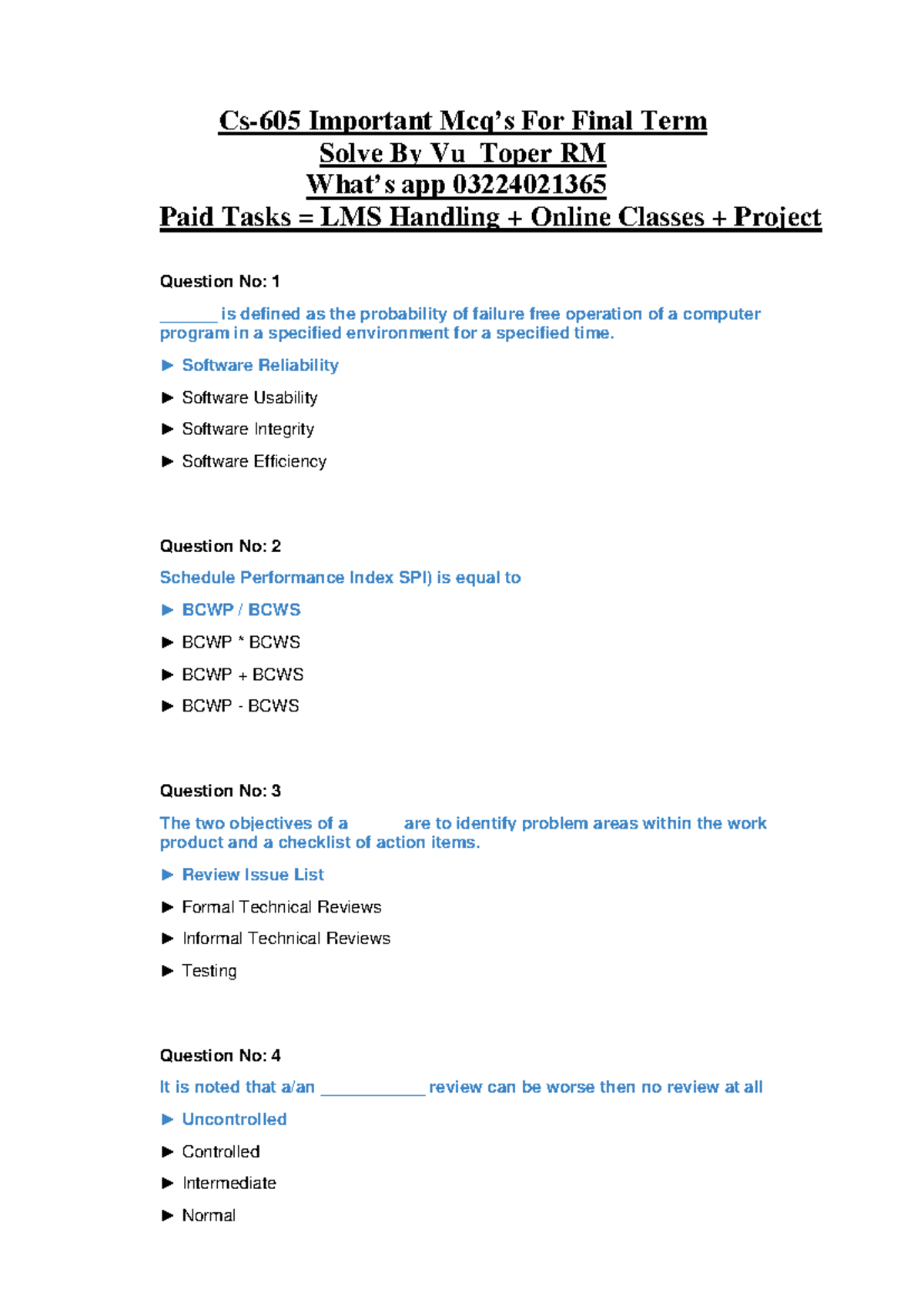 Cs 605 Final Term Exam Solutions by Vu Toper: Software Reliability ...