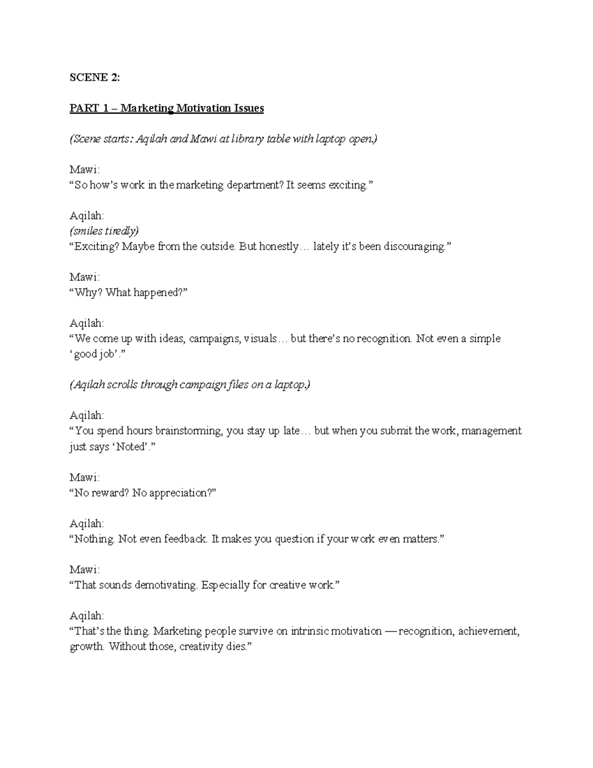 MGT321 Roleplay Script: Exploring Marketing & Production Motivation ...