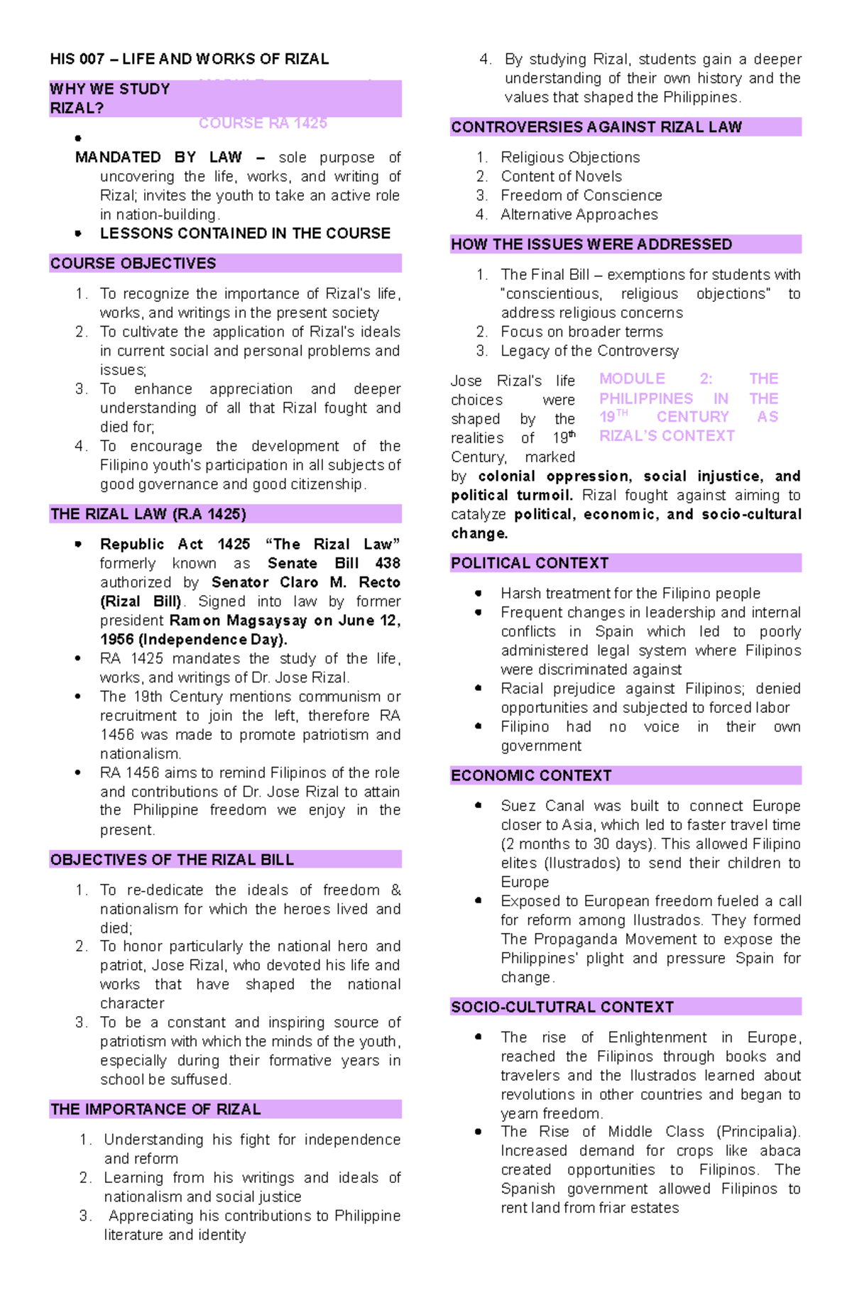 HIS 007: Course Overview on the Life and Works of Jose Rizal - Studocu