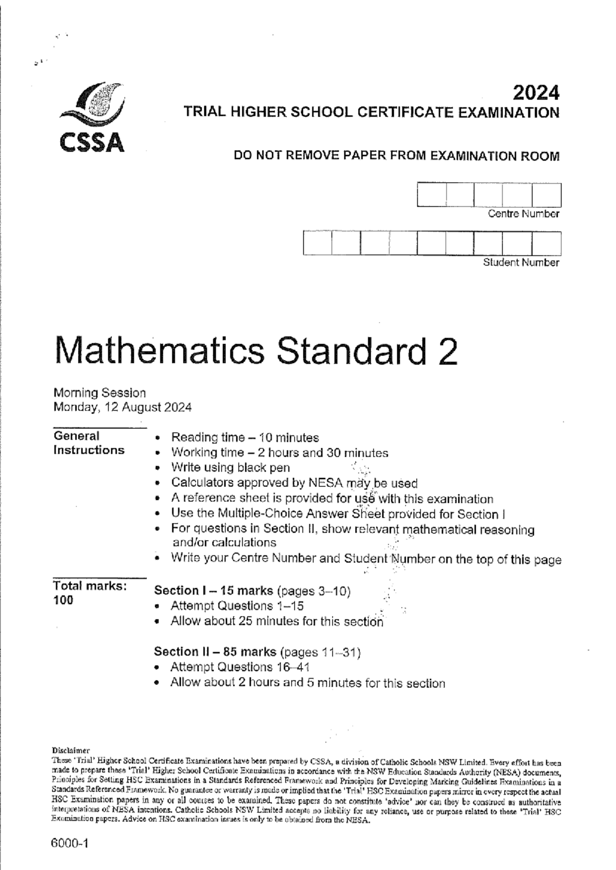 2024 HSC Mathematics Standard 2 Trial Exam Paper with Solutions - Studocu