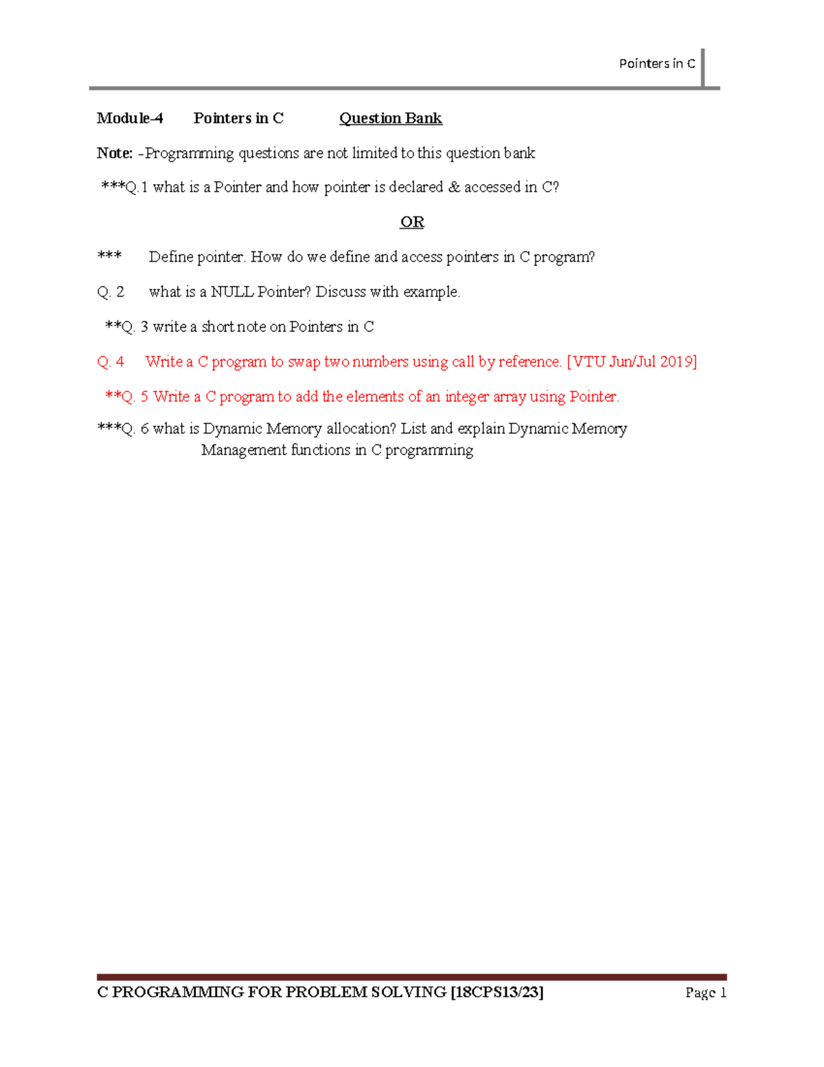 Module-5 C Pointers: Comprehensive Question Bank and Notes - Studocu