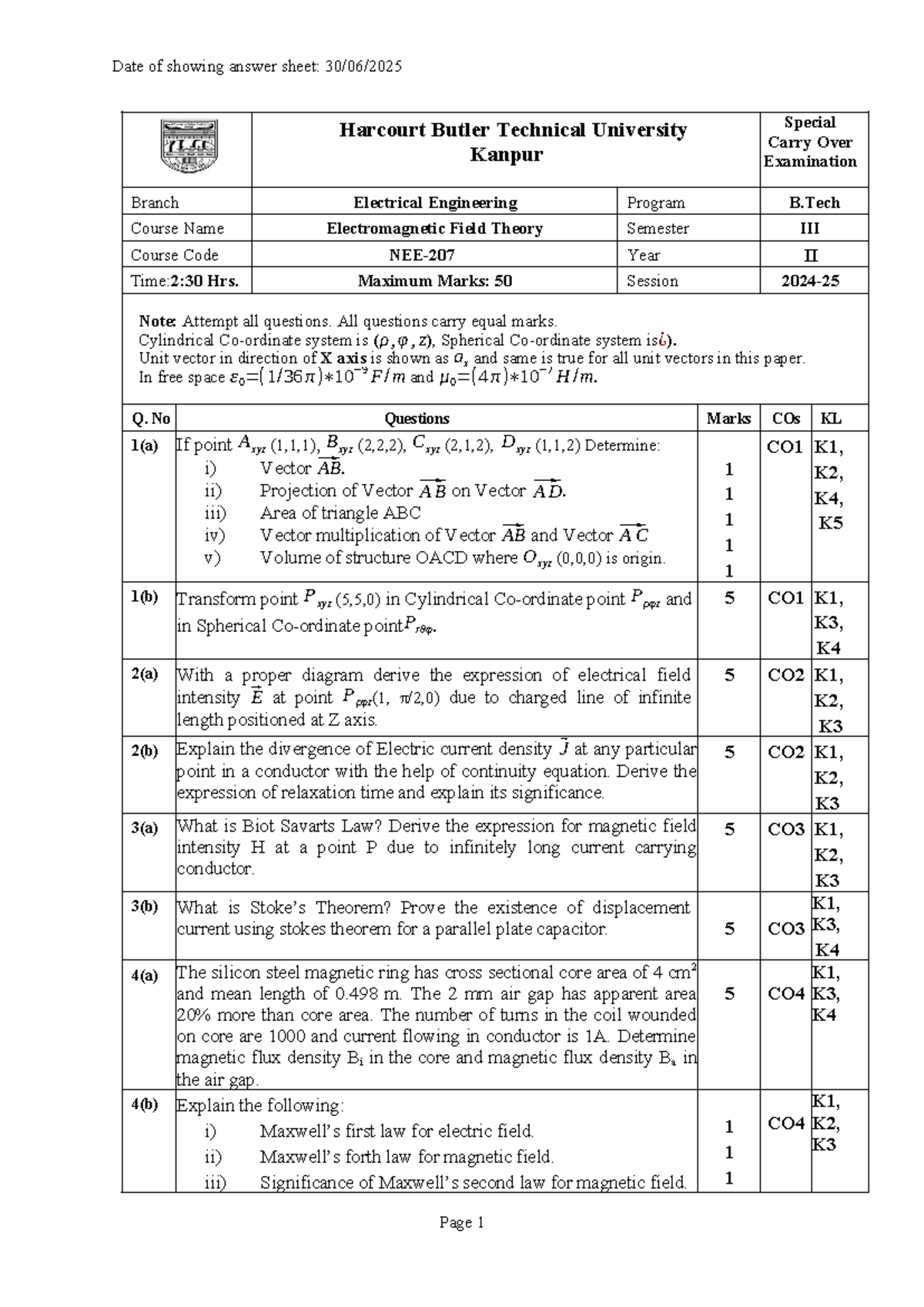EMFT IIET Notes: Special Carry Over Exam - B.Tech Electromagnetic Field ...
