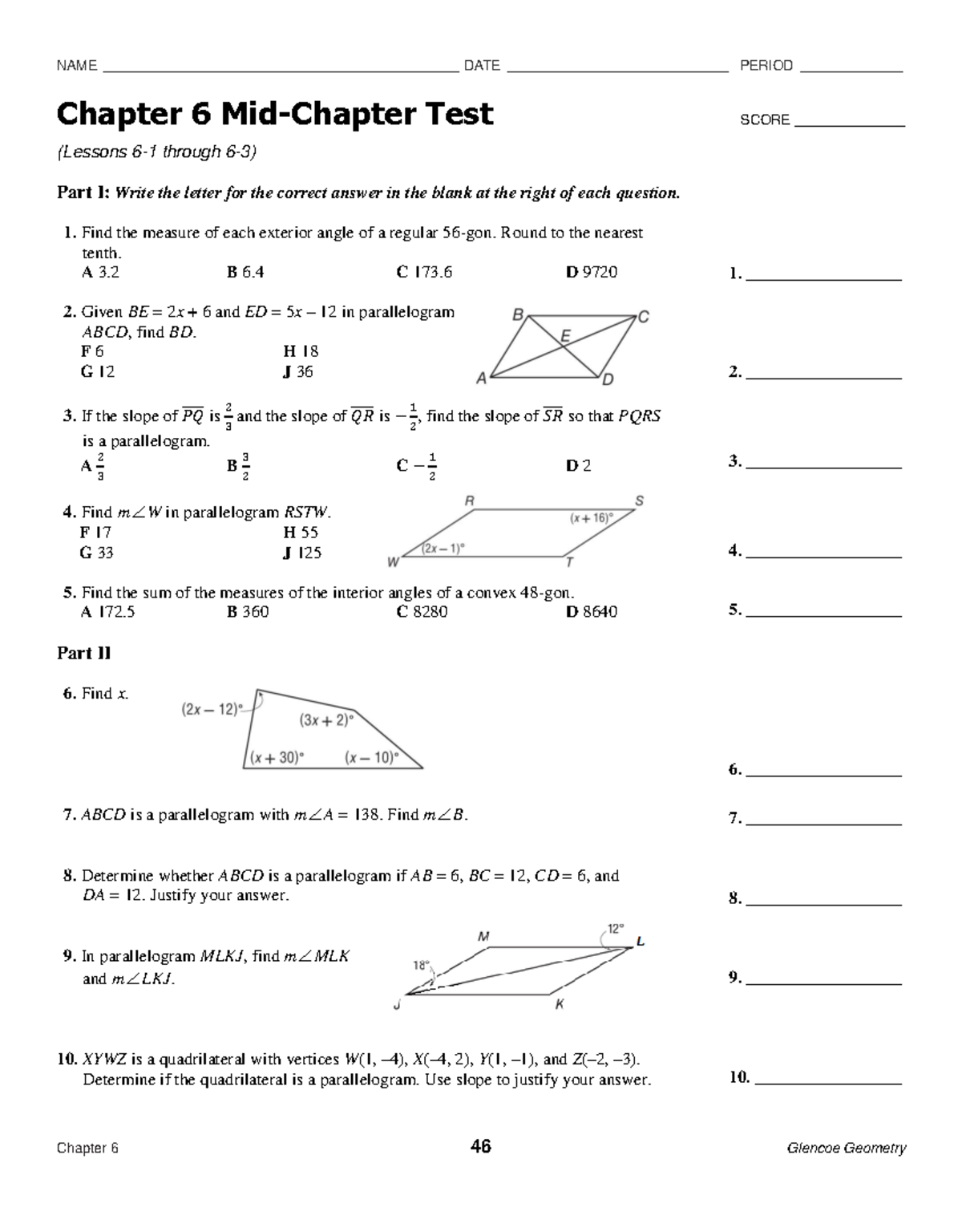 Chapter 6 Mid-Chapter Test Review for Glencoe Geometry - Studocu