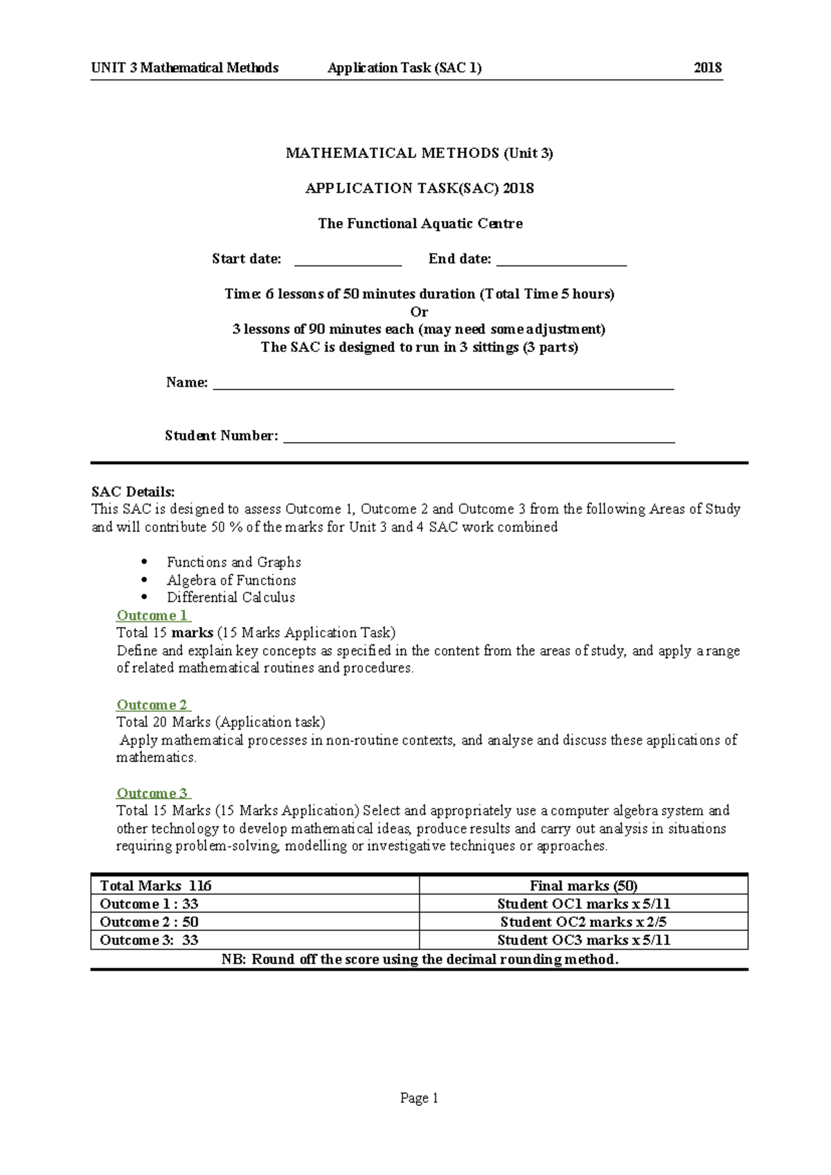 2018 MATHEMATICAL METHODS Unit 3 Application Task (SAC 1) Overview ...