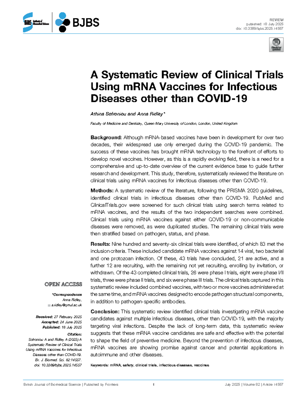 A Systematic Review of mRNA Vaccine Clinical Trials for Infectious ...