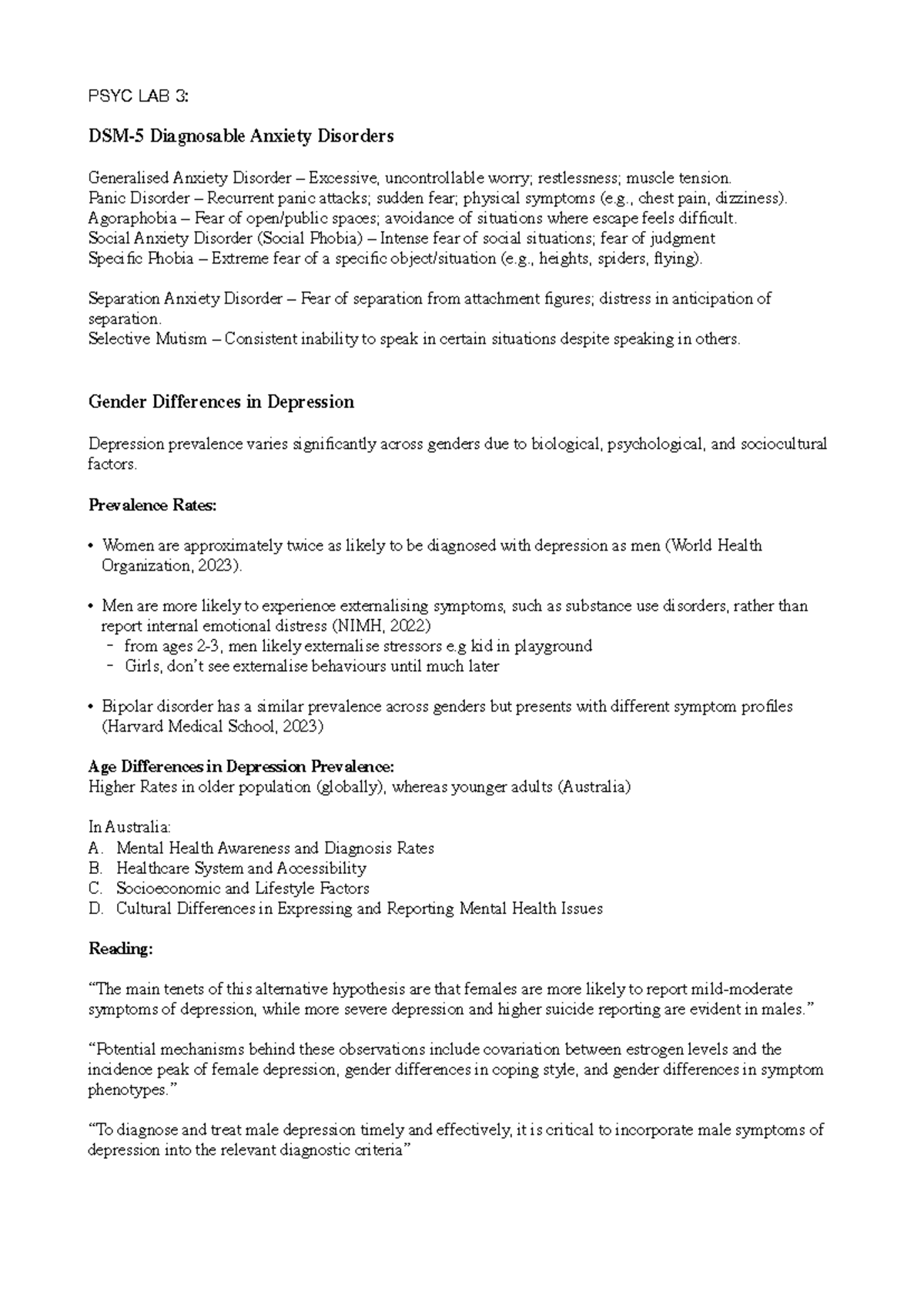 PSYC3025 Lab 3: Anxiety Disorders & Gender Differences in Depression ...