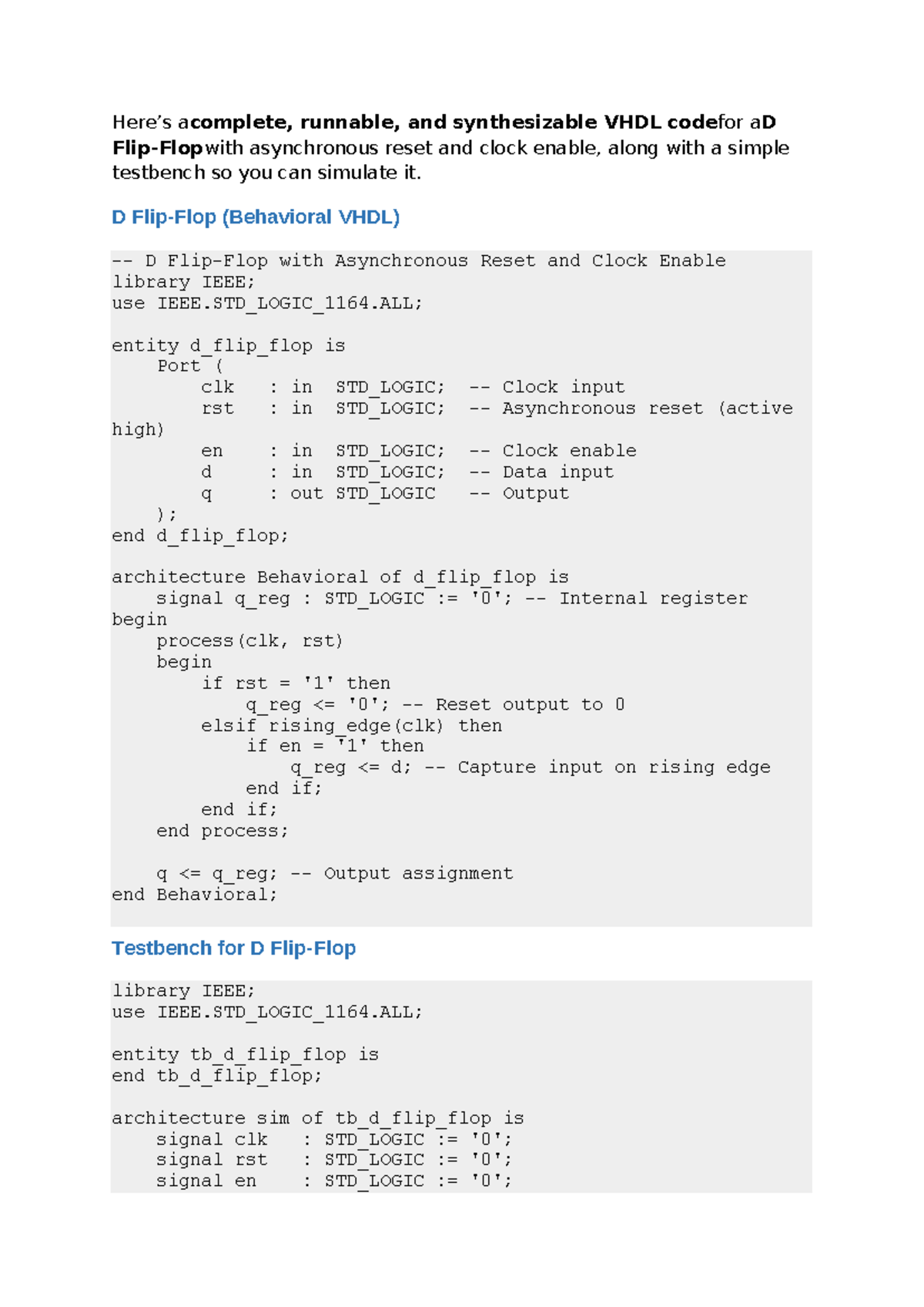 D Flip-Flop VHDL Code with Async Reset & Testbench (Course Code ...