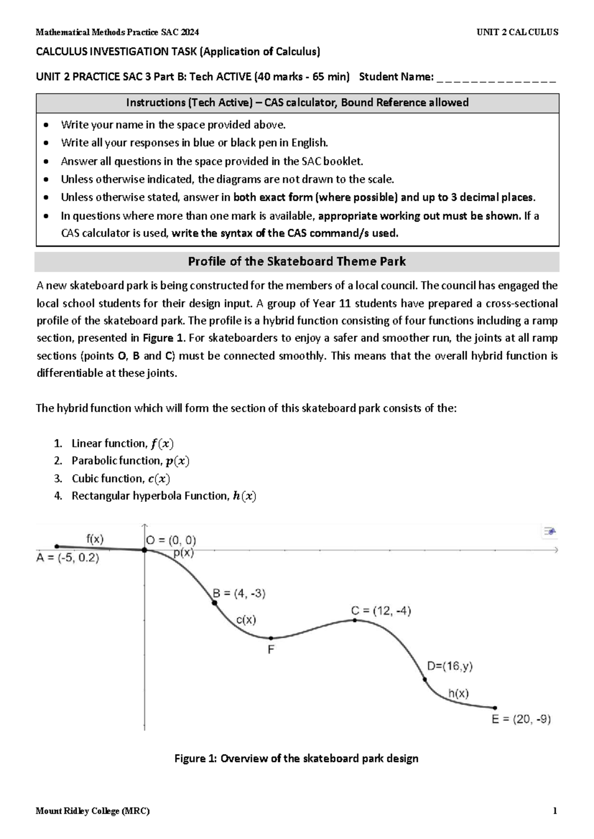 2024 U2 Prac SAC 3: Calculus Investigation Task - Skateboard Park ...