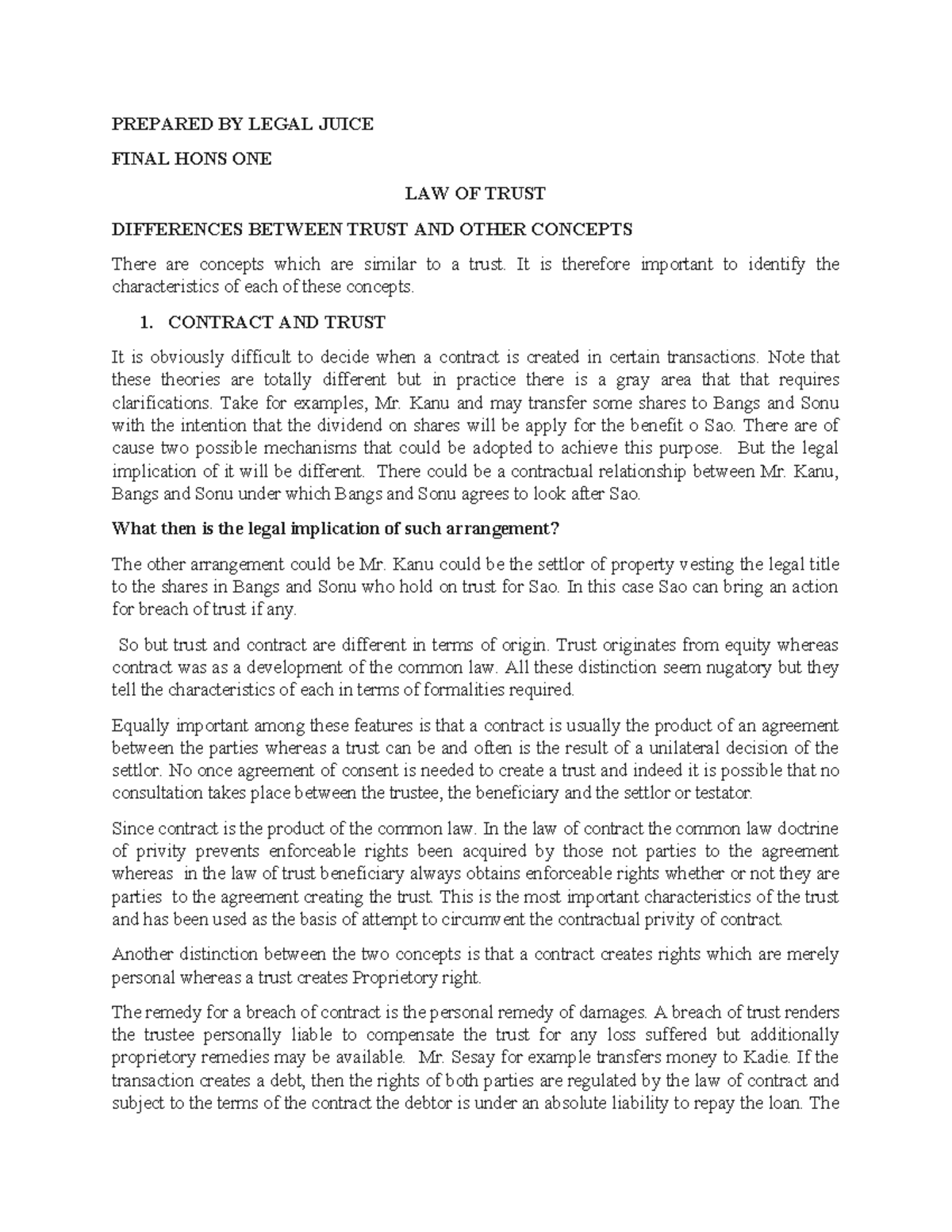 HONS 1 LAW OF TRUST: Final Exam Notes on Trust vs. Contract - Studocu