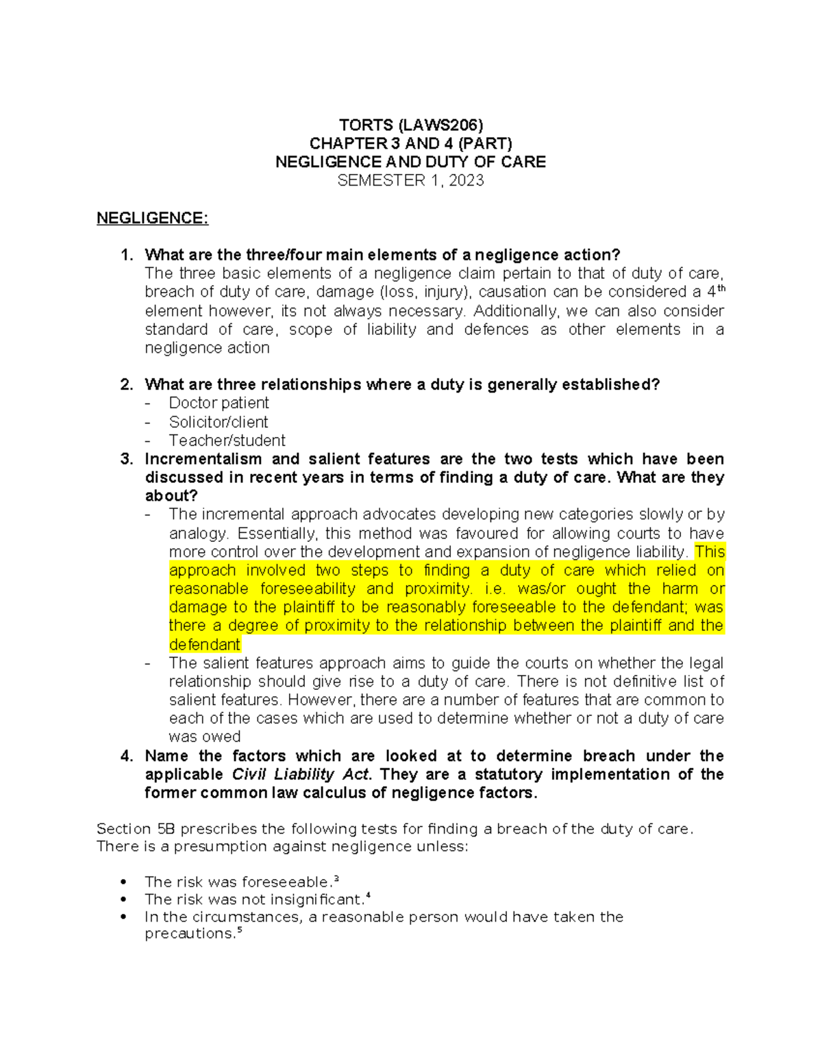 TORTS (LAWS206) CHAPTERS 3 & 4: NEGLIGENCE & DUTY OF CARE NOTES - Studocu