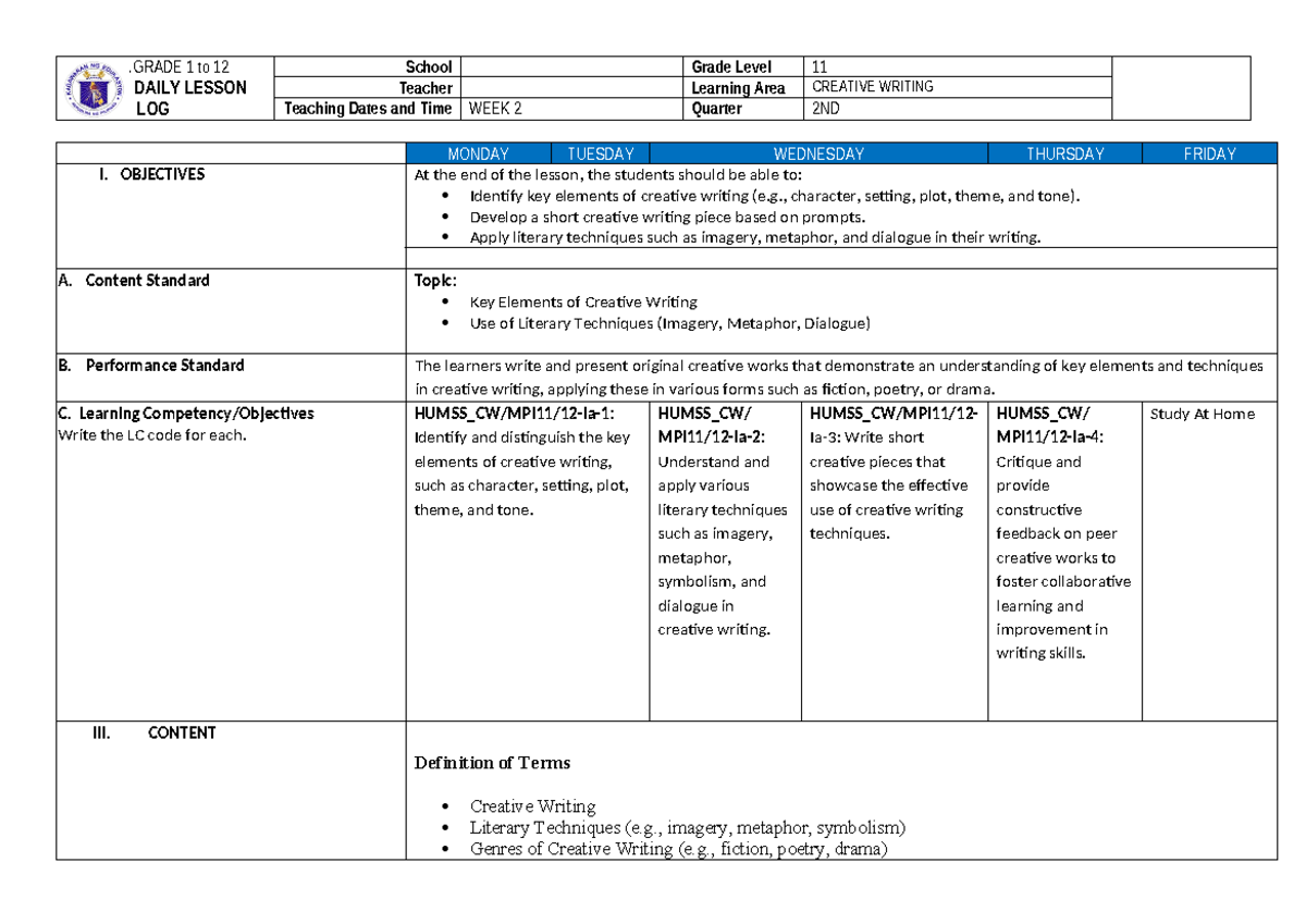DLL WEEK 2 Q2 SHS Creative Writing Lesson Plan and Objectives - Studocu