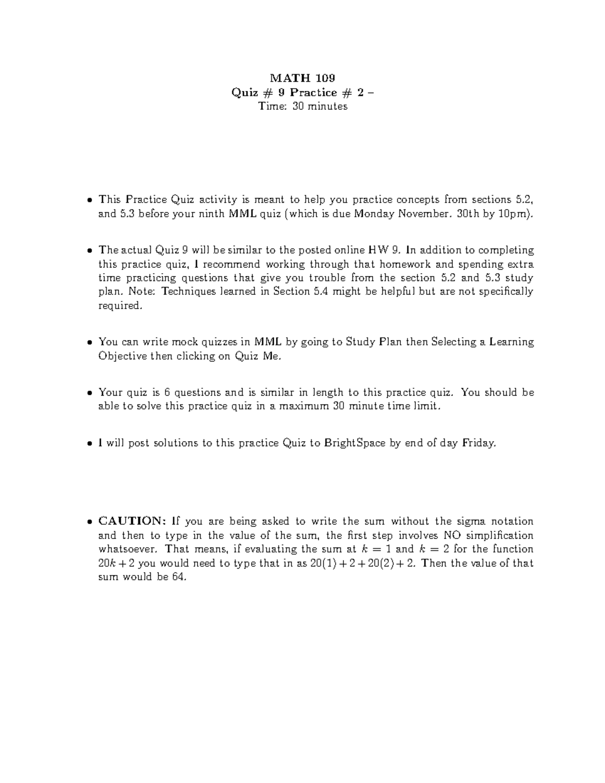 Math 109 Practice Quiz IX #2 Solutions - MATH 109 Quiz # 9 Practice # 2 ...