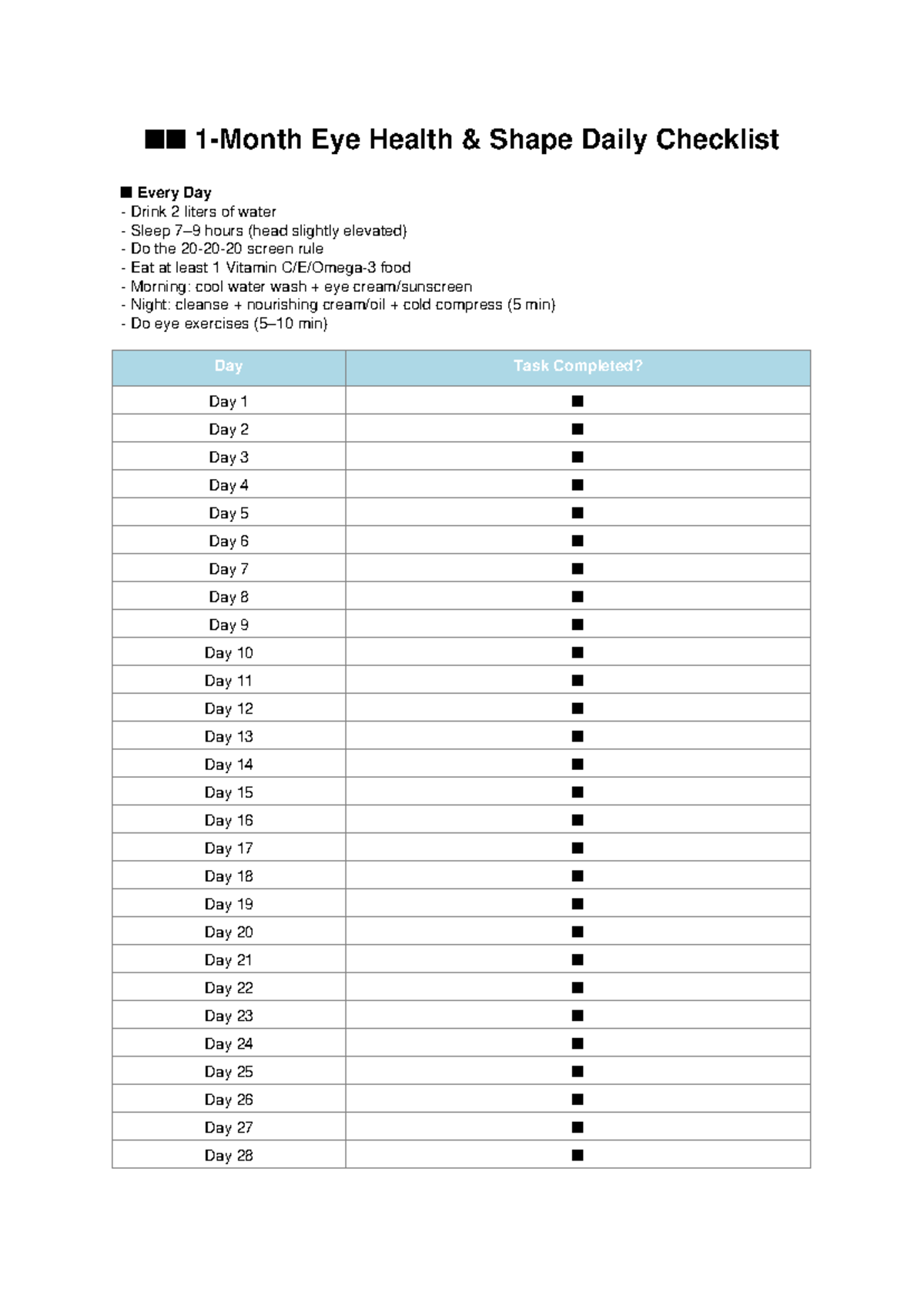 Eye Health 1-Month Daily Checklist for Optimal Care - Studocu