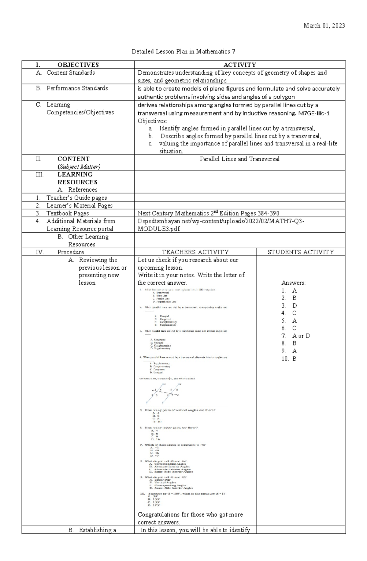 LP in Math 7 W3D3 - Lesson Plan on Parallel Lines and Transversals ...