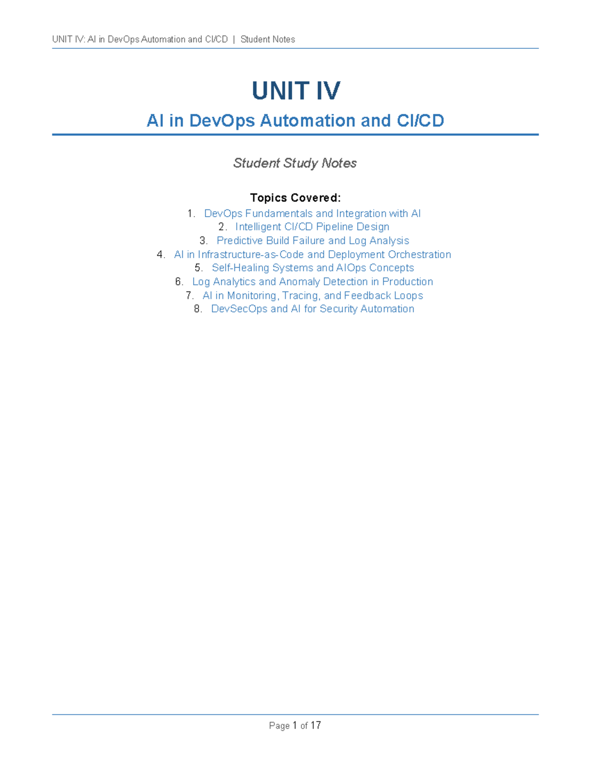 UNIT IV: AI in DevOps Automation - Comprehensive Student Notes - Studocu