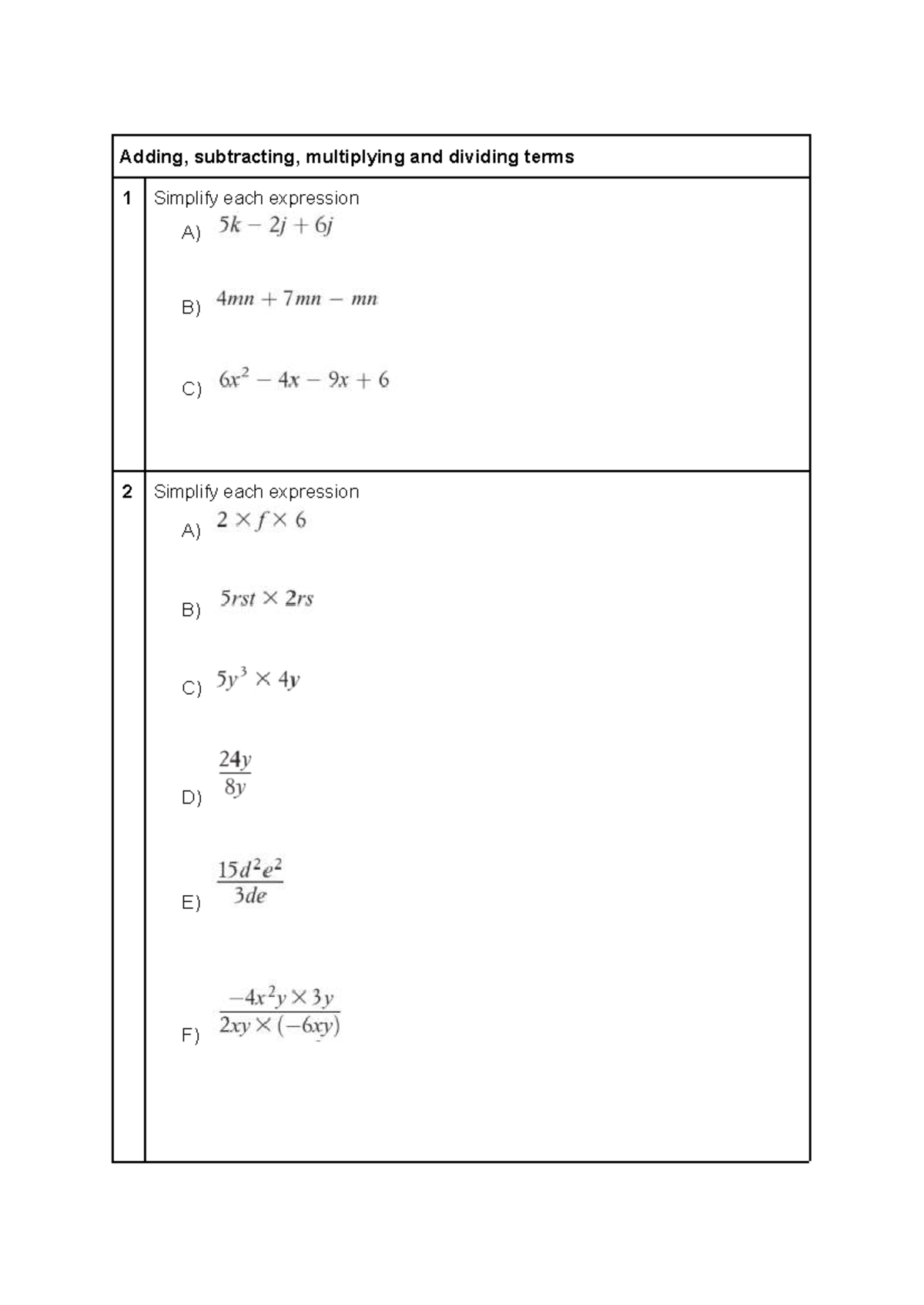 Year 8 Algebra Questions - Adding, subtracting, multiplying and ...