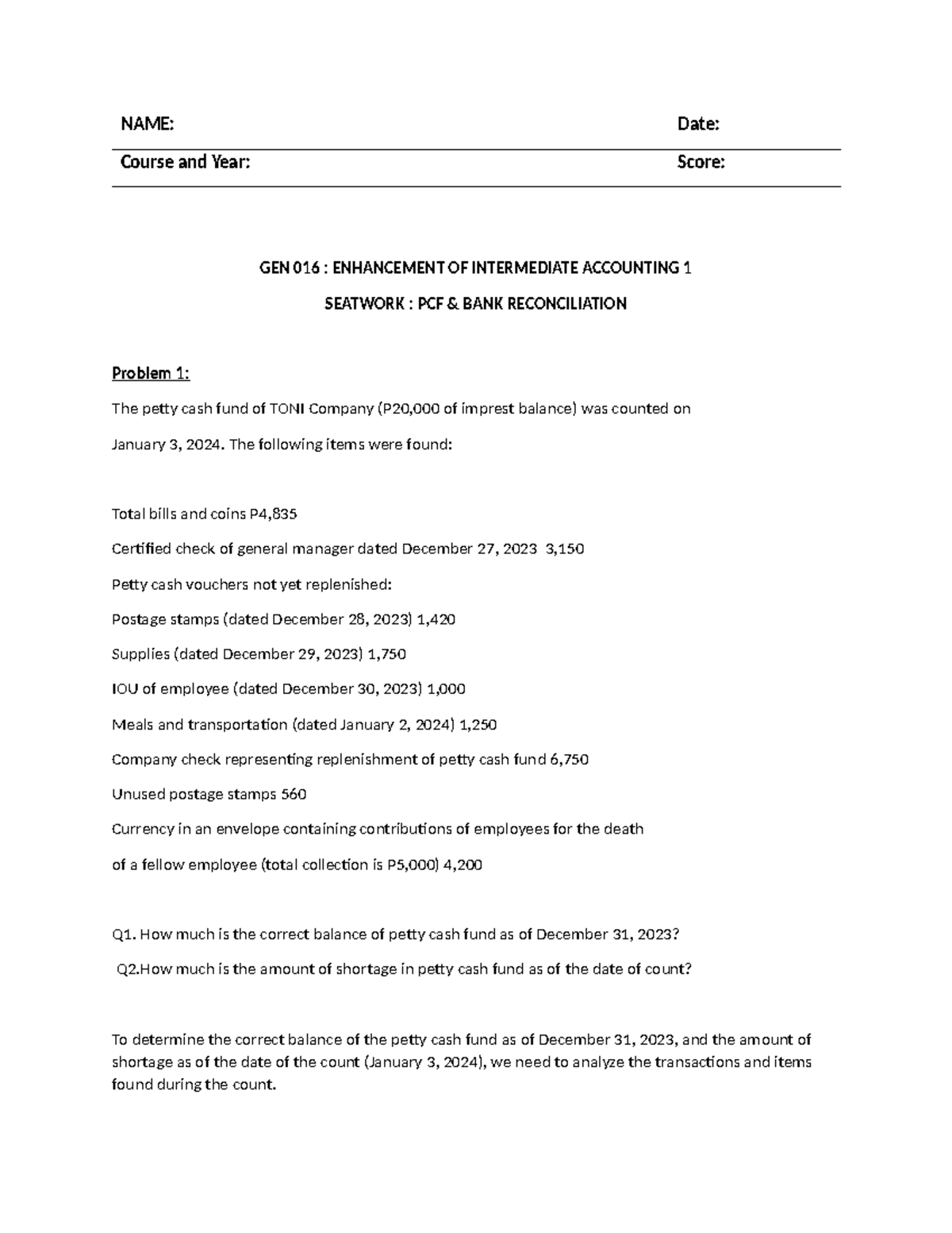 GEN 016: Enhancement of Intermediate Accounting 1 - Petty Cash Fund ...