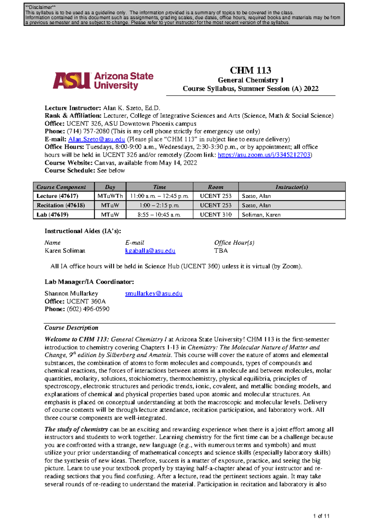 CHM 113 General Chemistry I Course Syllabus Summer 2022 - Studocu