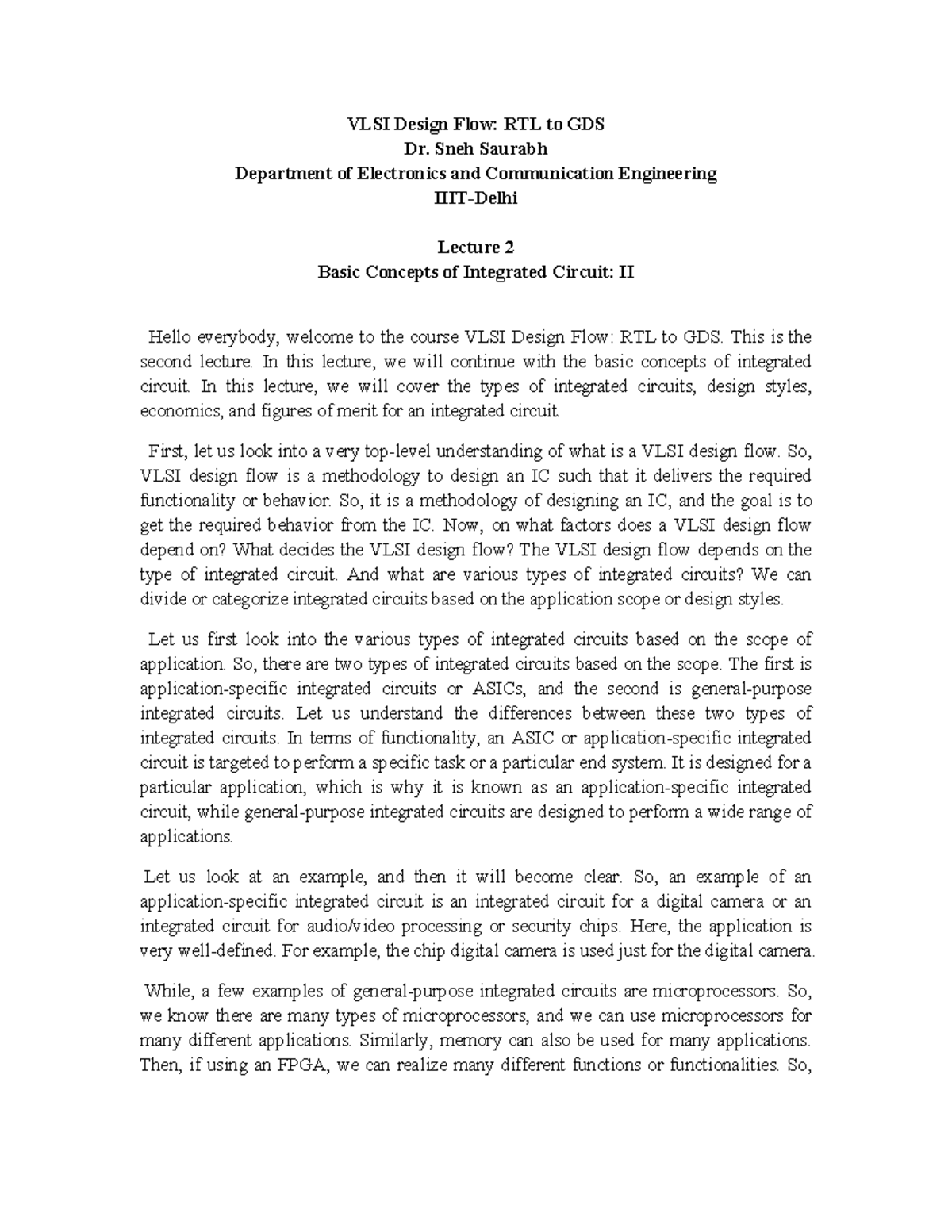 VLSI Design Flow: Lecture 2 - Basic IC Concepts and Design Styles - Studocu