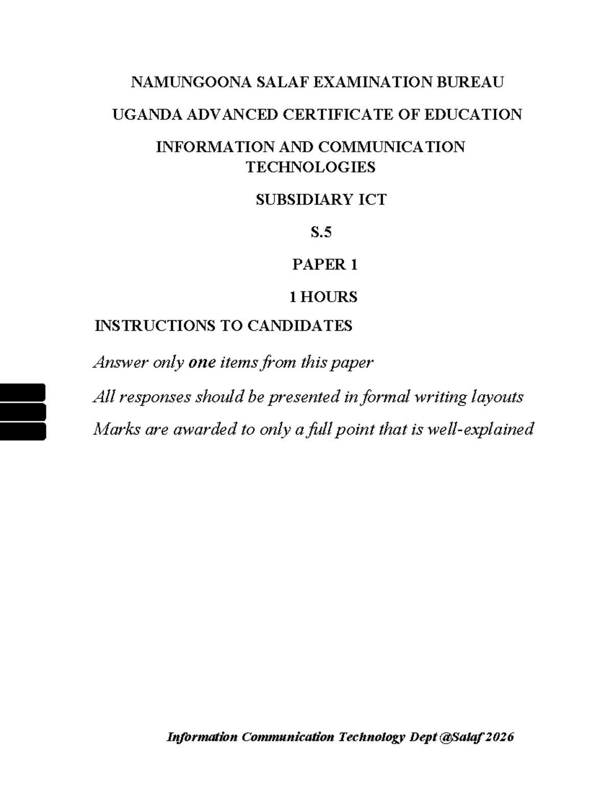 S5 EOT Exam Paper: ICT Subsidiary - 2026 - Document Preview