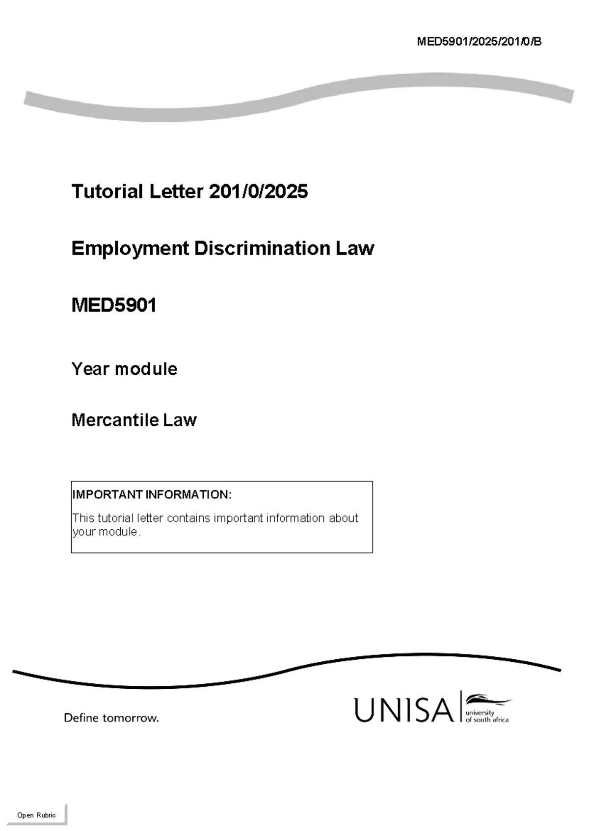 MED5901 Employment Discrimination Law: Assignment 1 Guidelines and ...