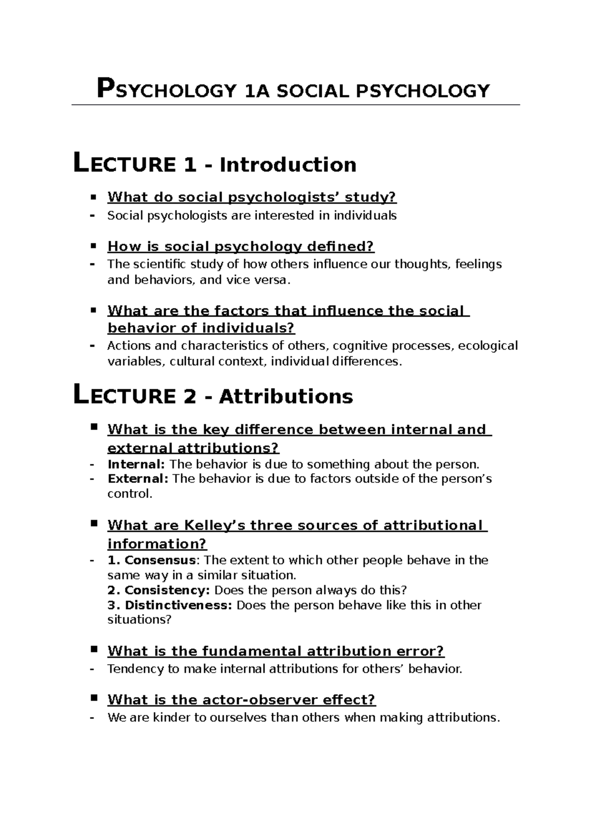 PSYCH 1A Exam Notes Modules 1 - 6 - PSYCHOLOGY 1A SOCIAL PSYCHOLOGY ...