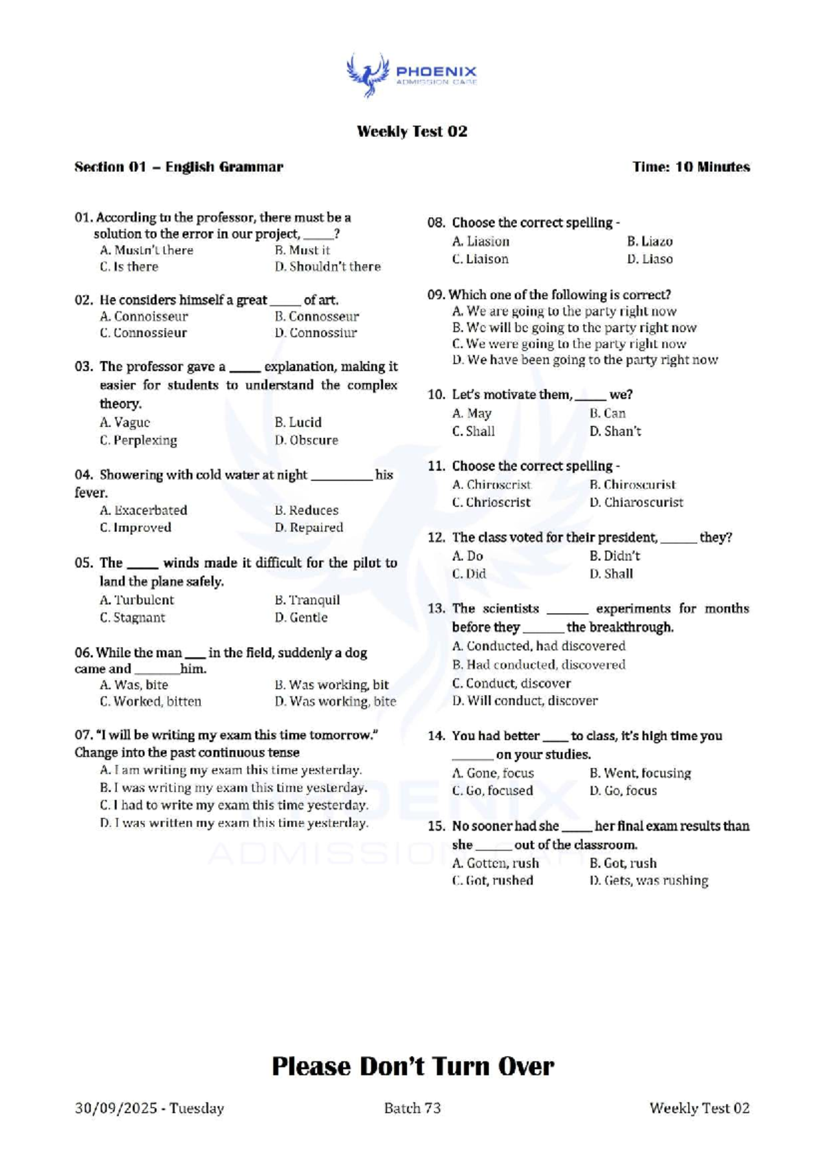 B73 - Weekly Test 02 Solve Sheet: English Grammar, Math & Reading ...