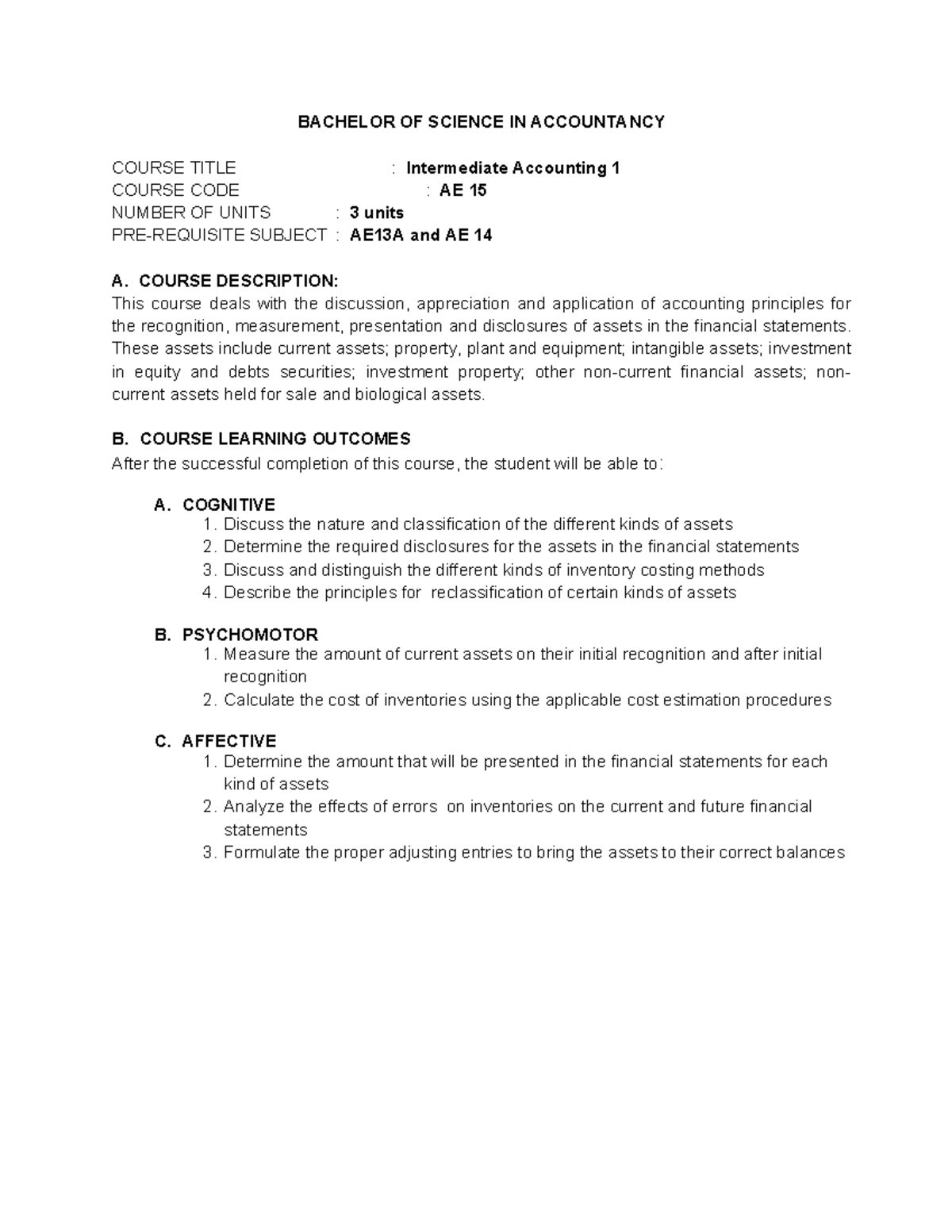 Intermediate Accounting 1 Syllabus (AE 15) - Course Overview and ...