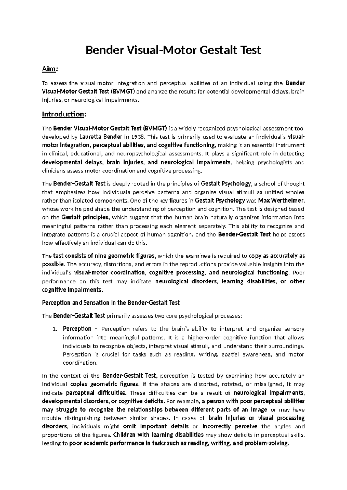 BVMGT Analysis: Assessing Perception & Integration in Psychology - Studocu