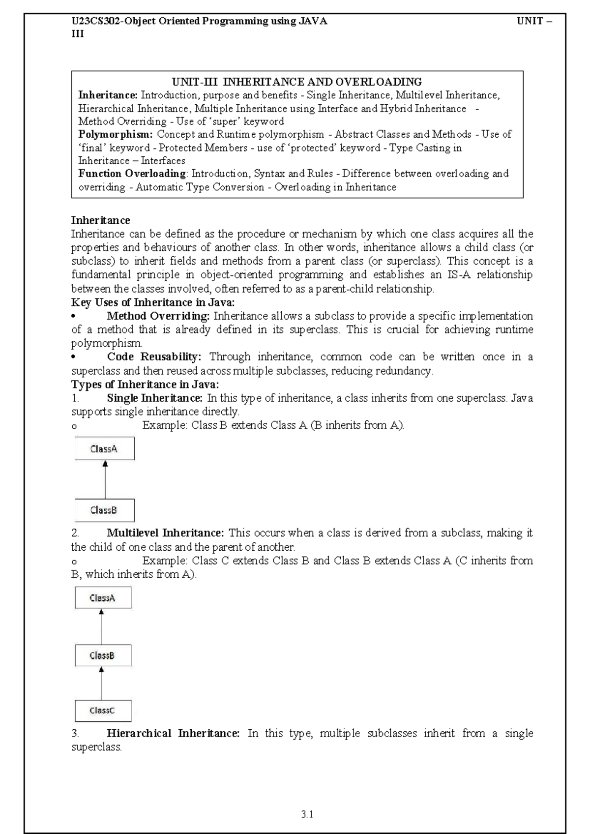 U23CS302 Unit 3 - Inheritance and Overloading in Java - Studocu